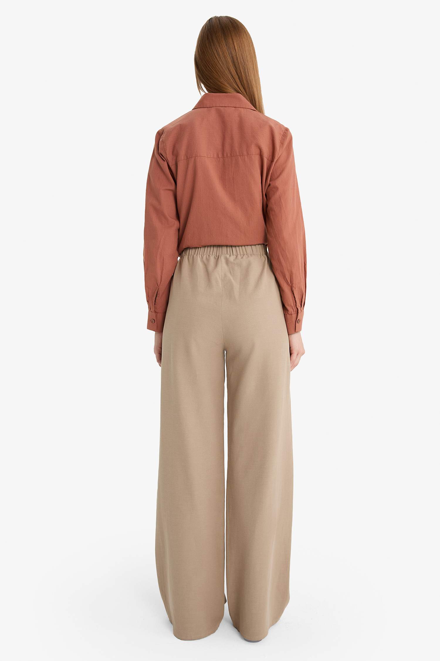 Keten Karışımlı Wide Leg Geniş Paça Flamlı Pantolon