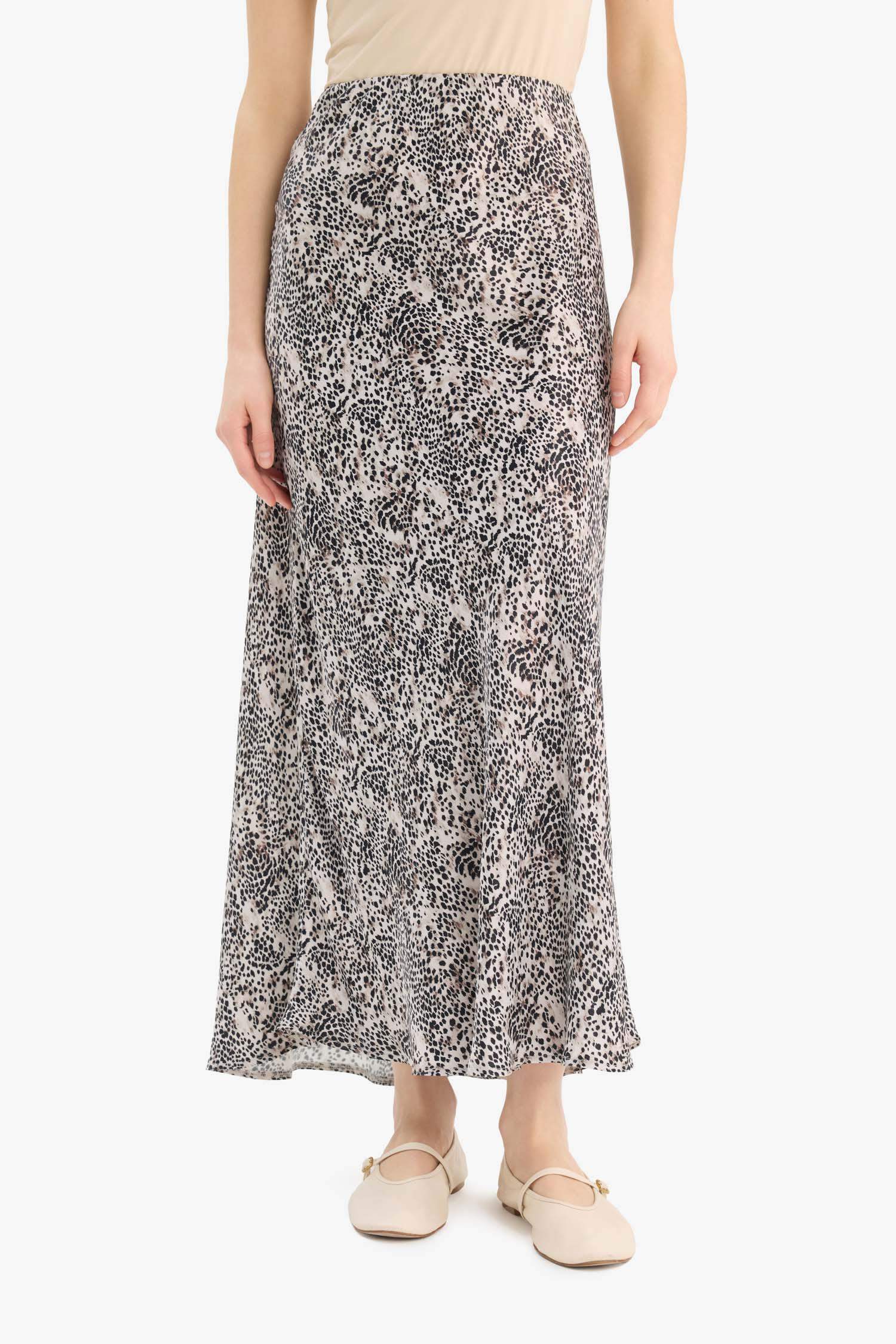A Kesim Leopar Desenli Normal Bel Midi Saten Etek