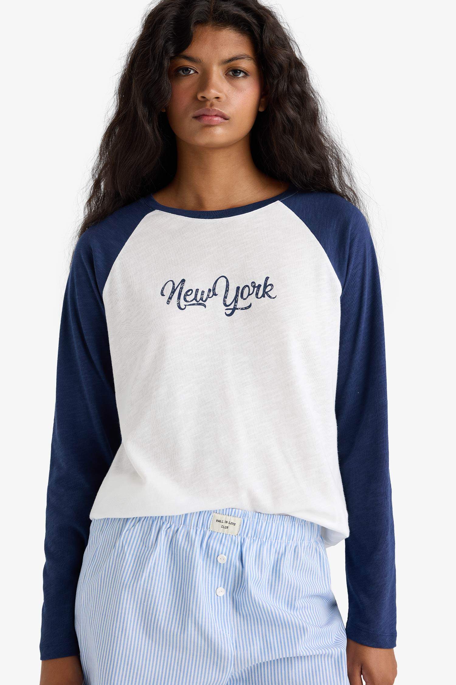 Regular Fit Bisiklet Yaka Uzun Kollu Flamlı Pamuk Üst-Fall in Love 