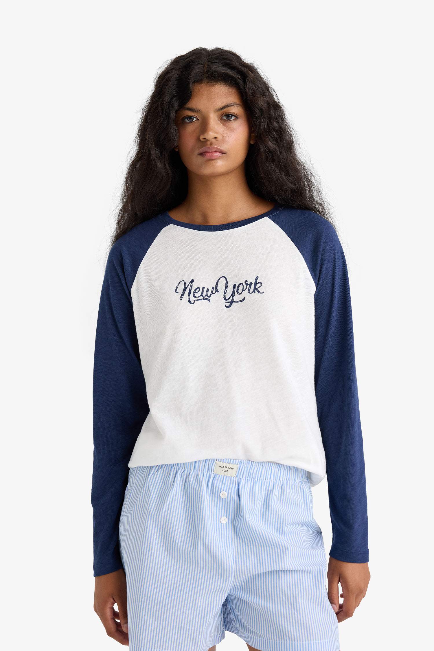 Regular Fit Bisiklet Yaka Uzun Kollu Flamlı Pamuk Üst-Fall in Love