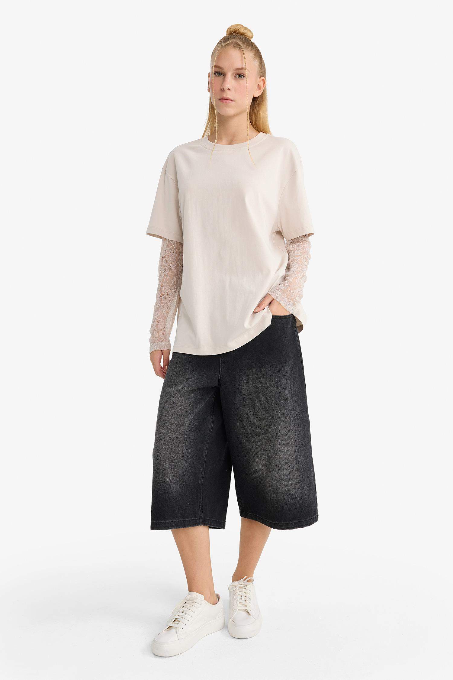 Coool Oversize Geniş Kalıp Bisiklet Yaka Dantel Detaylı Uzun Kollu Tişört