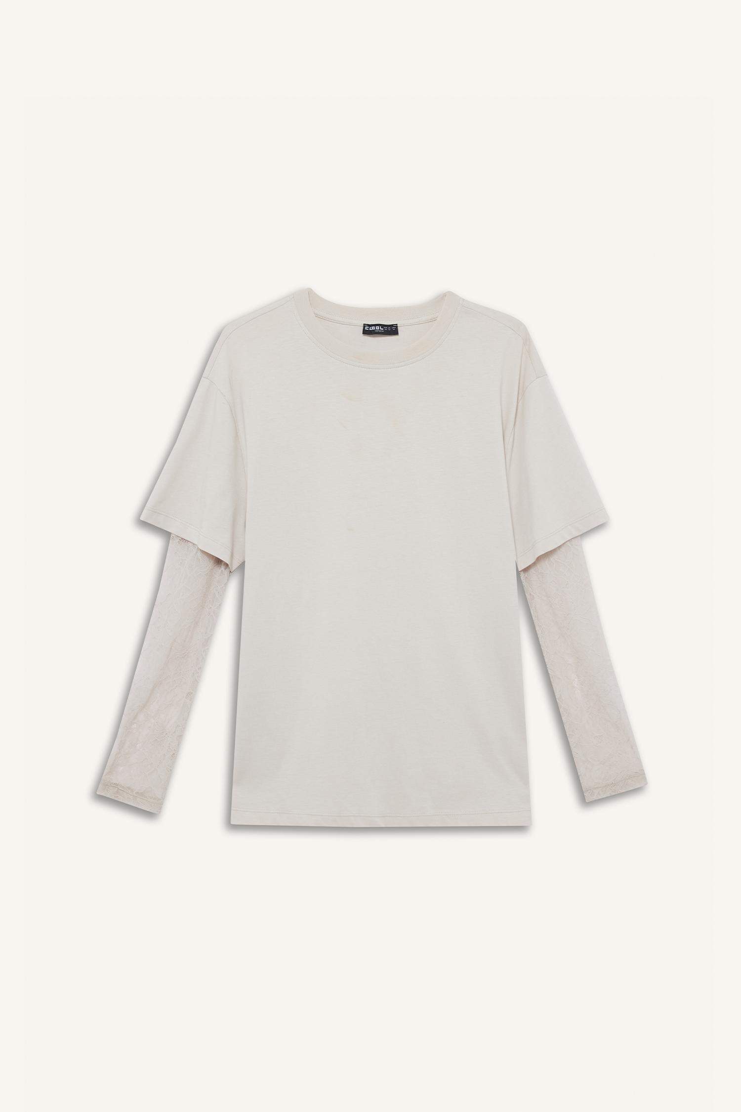 Coool Oversize Geniş Kalıp Bisiklet Yaka Dantel Detaylı Uzun Kollu Tişört