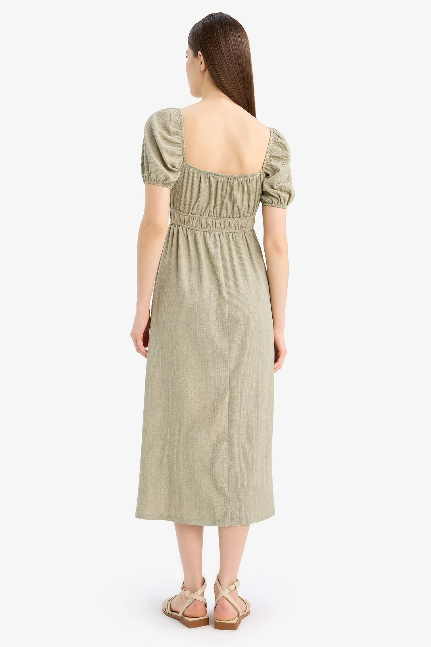 Kare Yaka Bürümcük Kısa Kollu Midi Elbise