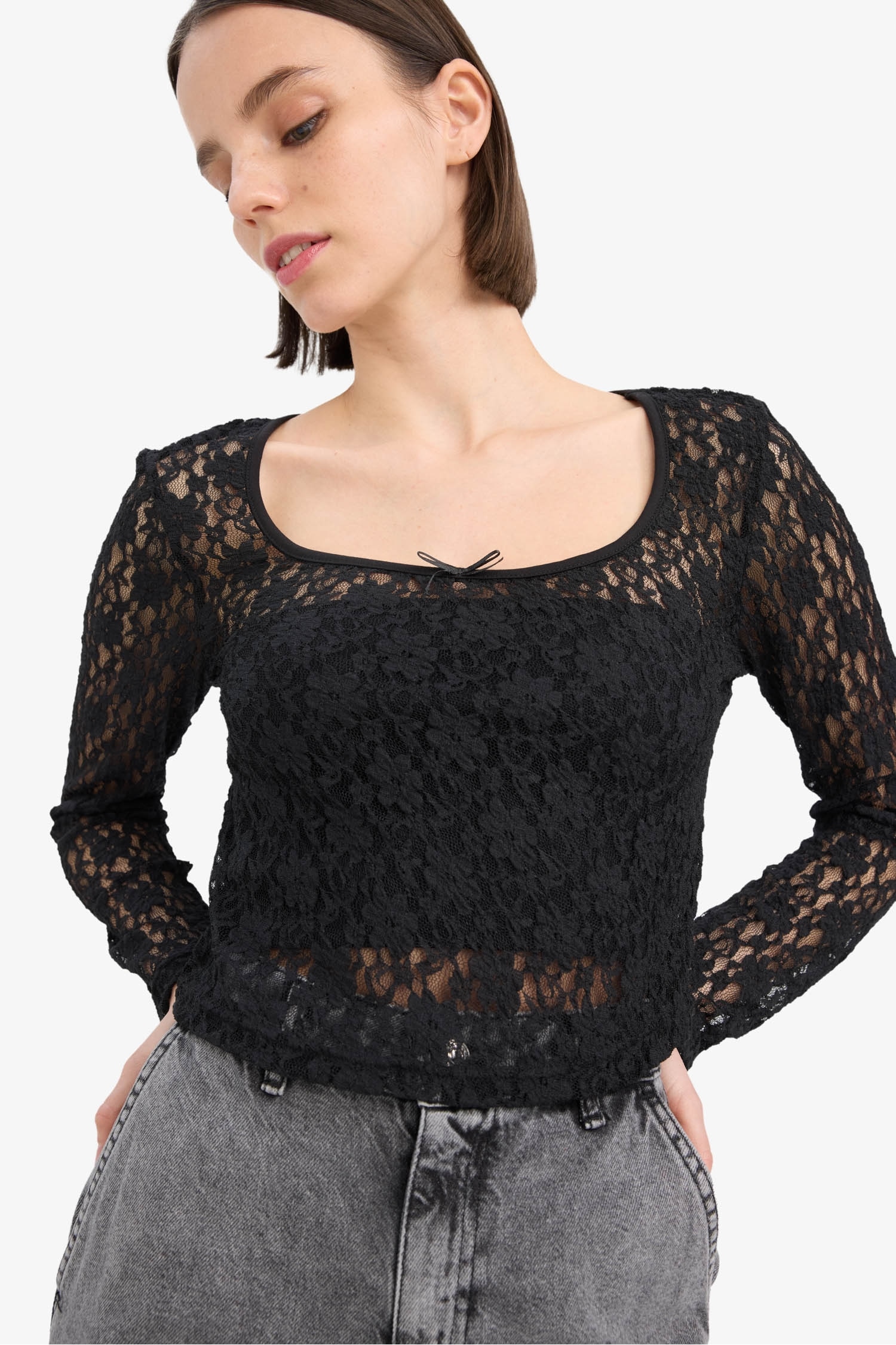 Round Neck Fitted Lace Long Sleeve Blouse