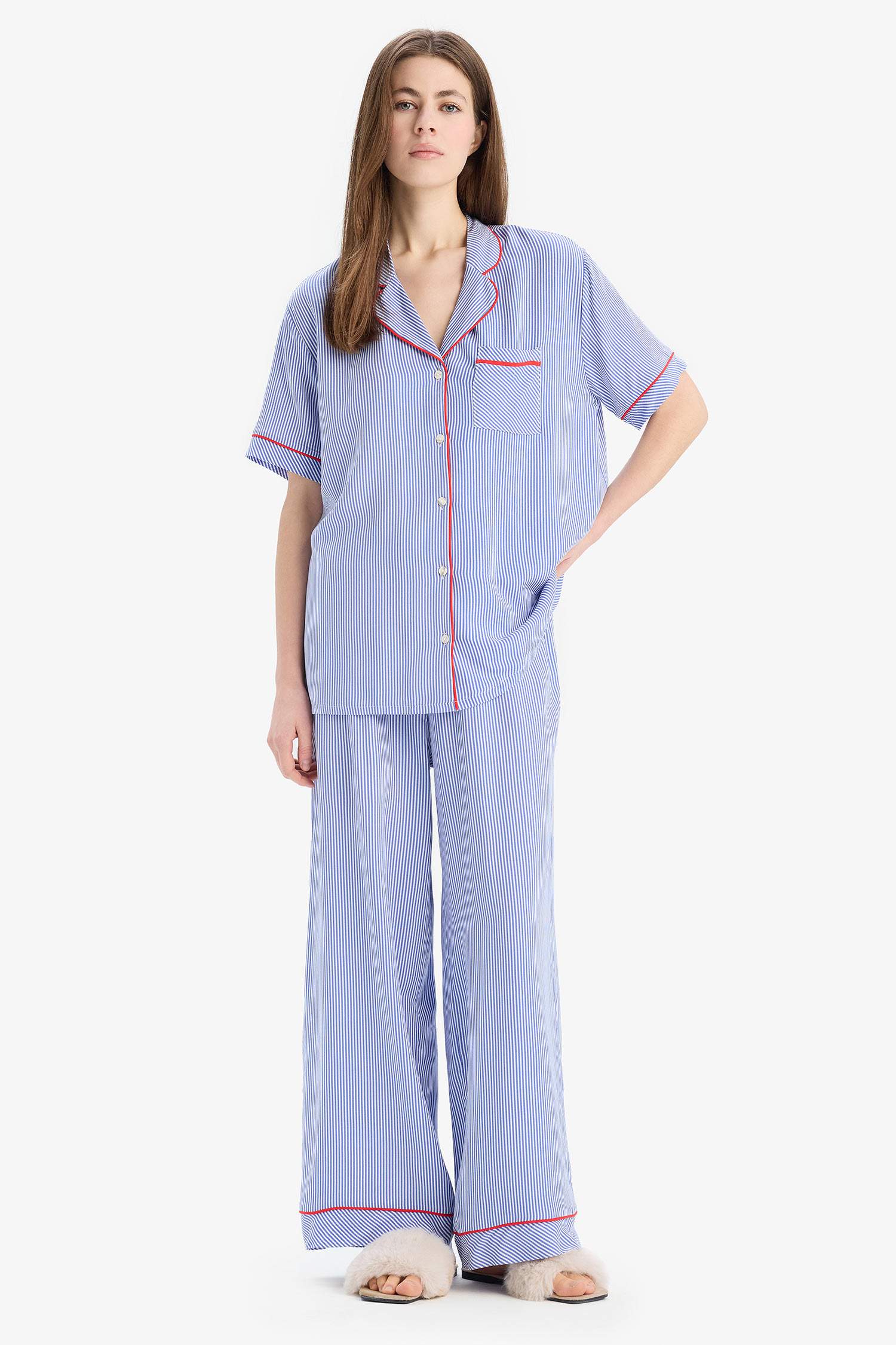 Pijama Takımı Viskon Kısa Kollu Üst Beli Lastikli Uzun Alt-Fall in Love