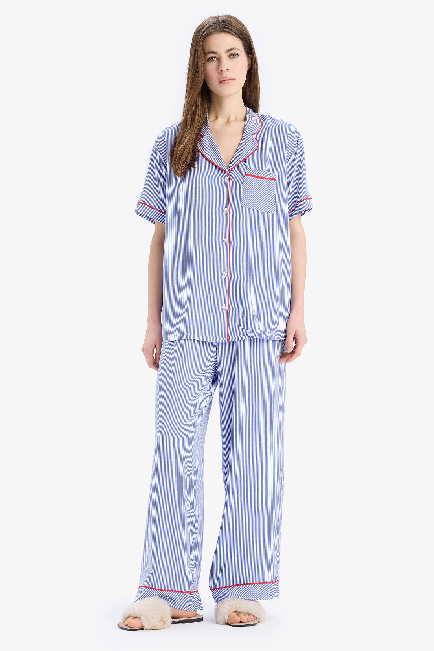 Pijama Takımı Viskon Kısa Kollu Üst Beli Lastikli Uzun Alt-Fall in Love