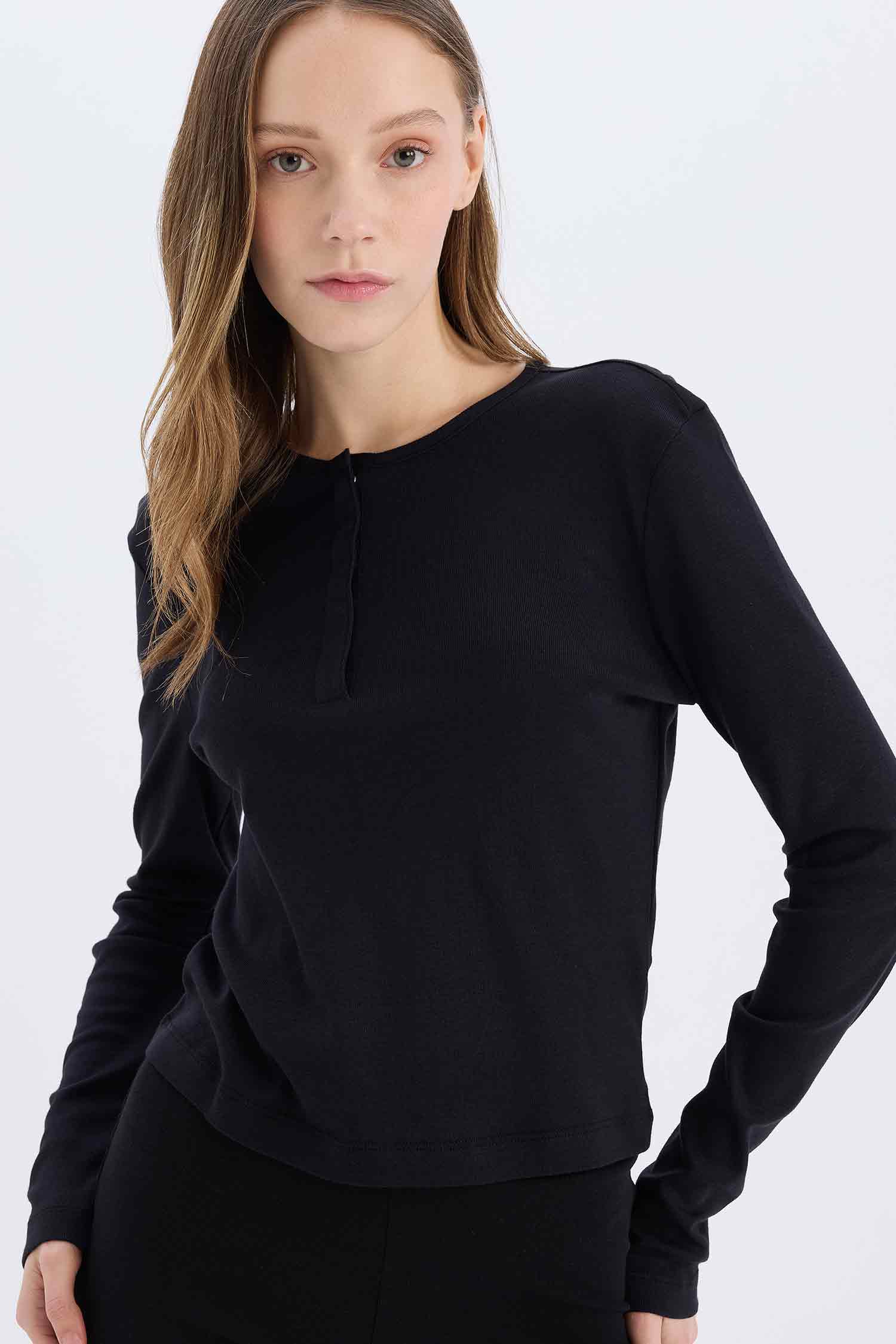 Black Woman Slim Fit Ribana Long Sleeve T-Shirt 3264791 | DeFacto