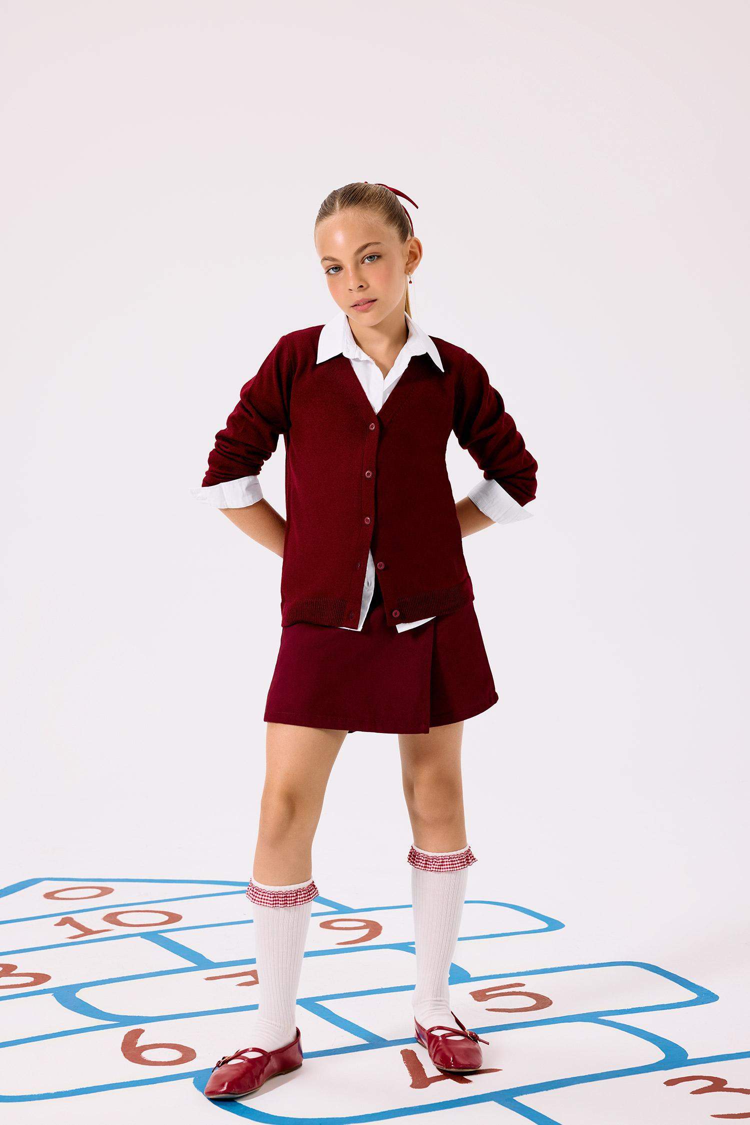 Kız Çocuk V Yaka Düğmeli Okul Triko Hırkası