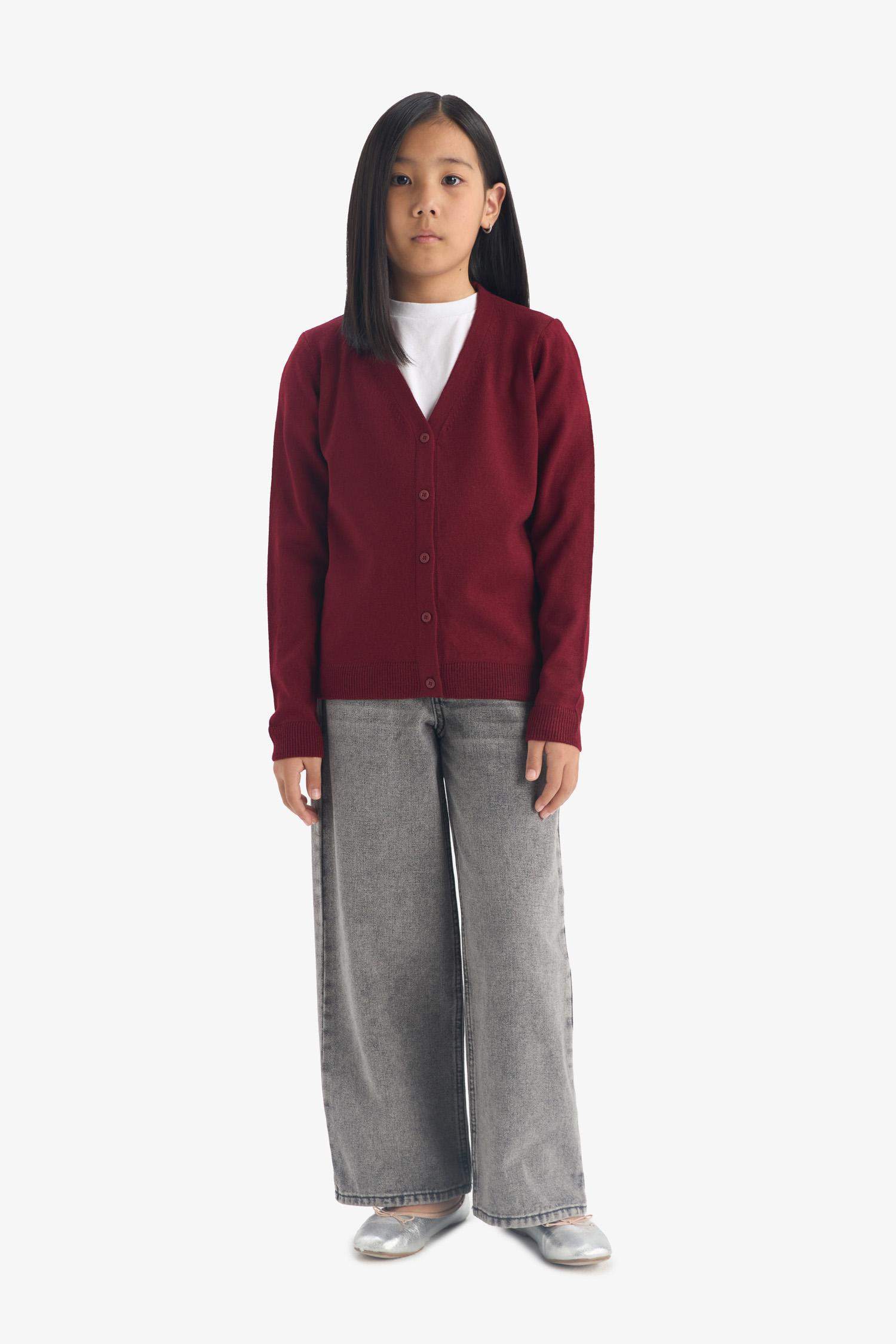 Kız Çocuk V Yaka Düğmeli Okul Triko Hırkası