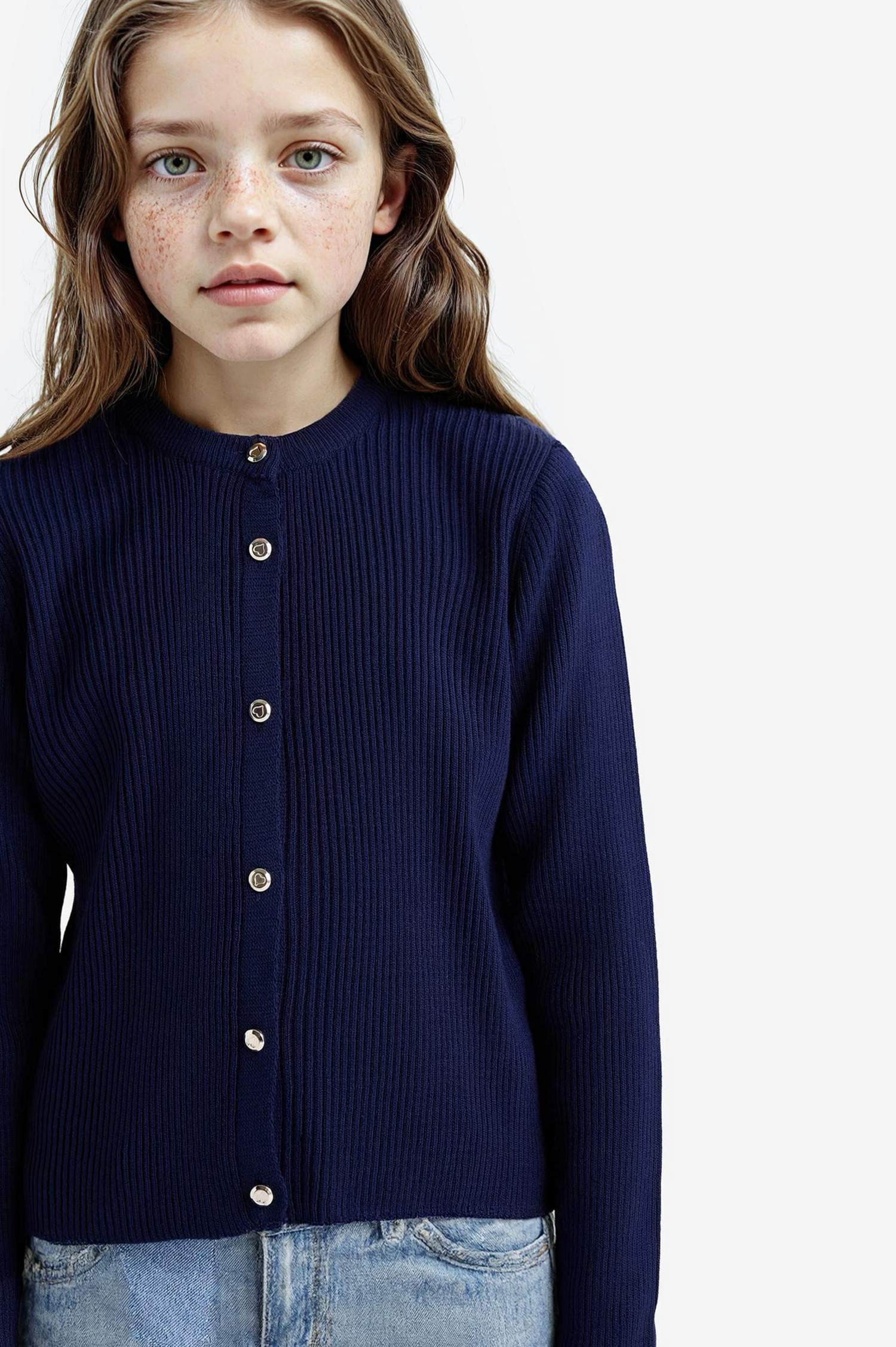 Cardigan en tricot à col rond et boutons pour fille