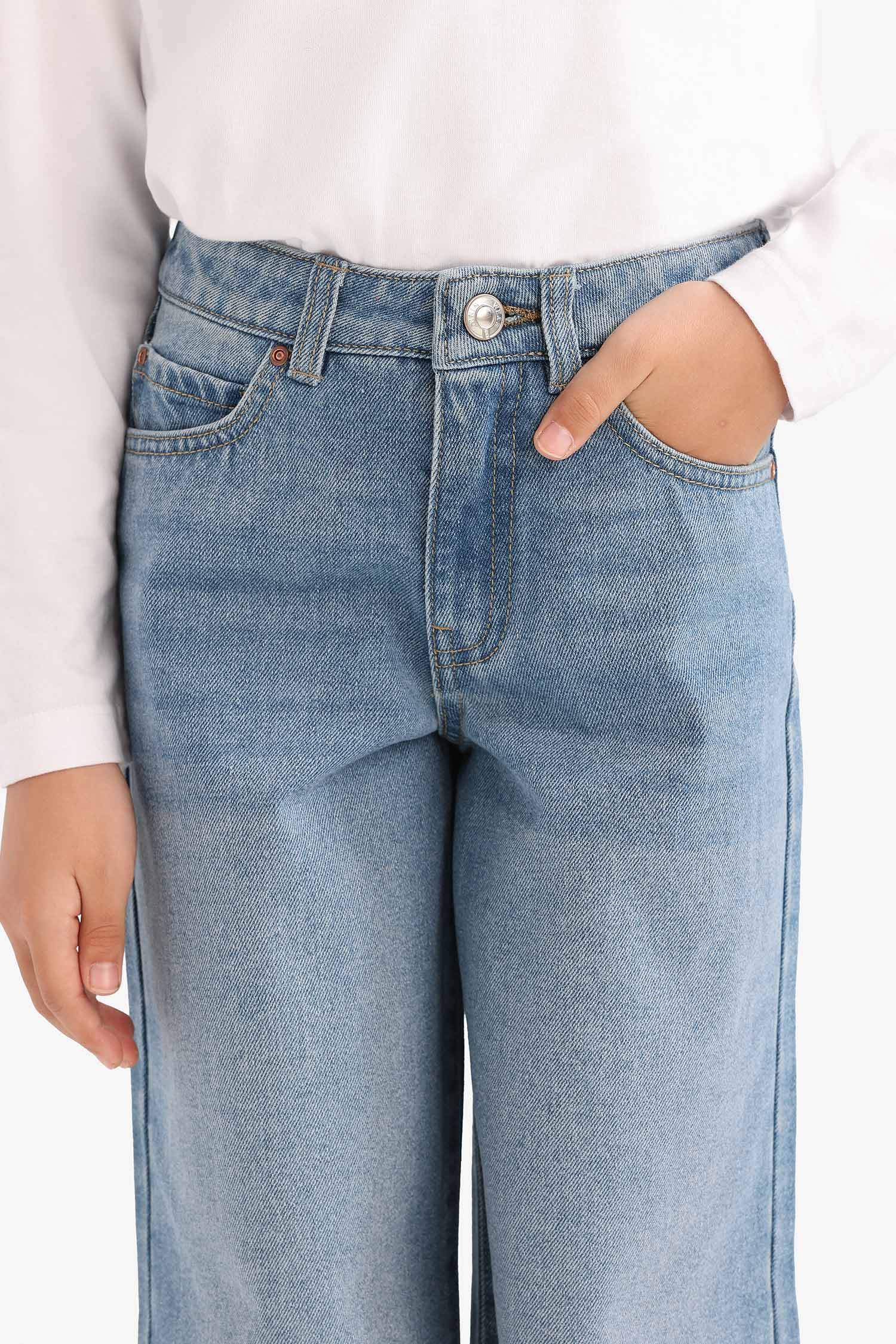 بنطرون جينز بناتي وايد ليج برجل واسع بجيب