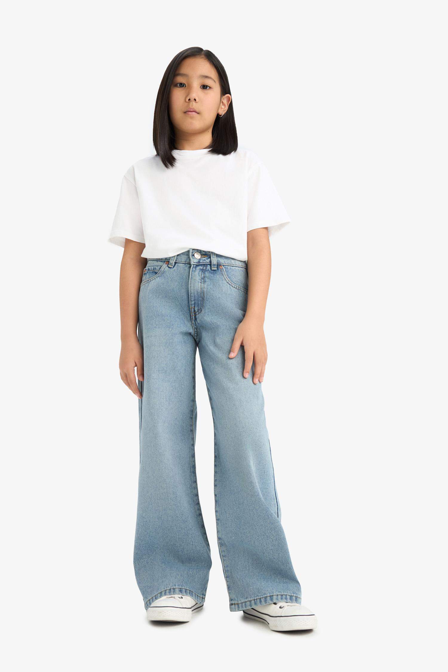 بنطرون جينز بناتي وايد ليج برجل واسع بجيب