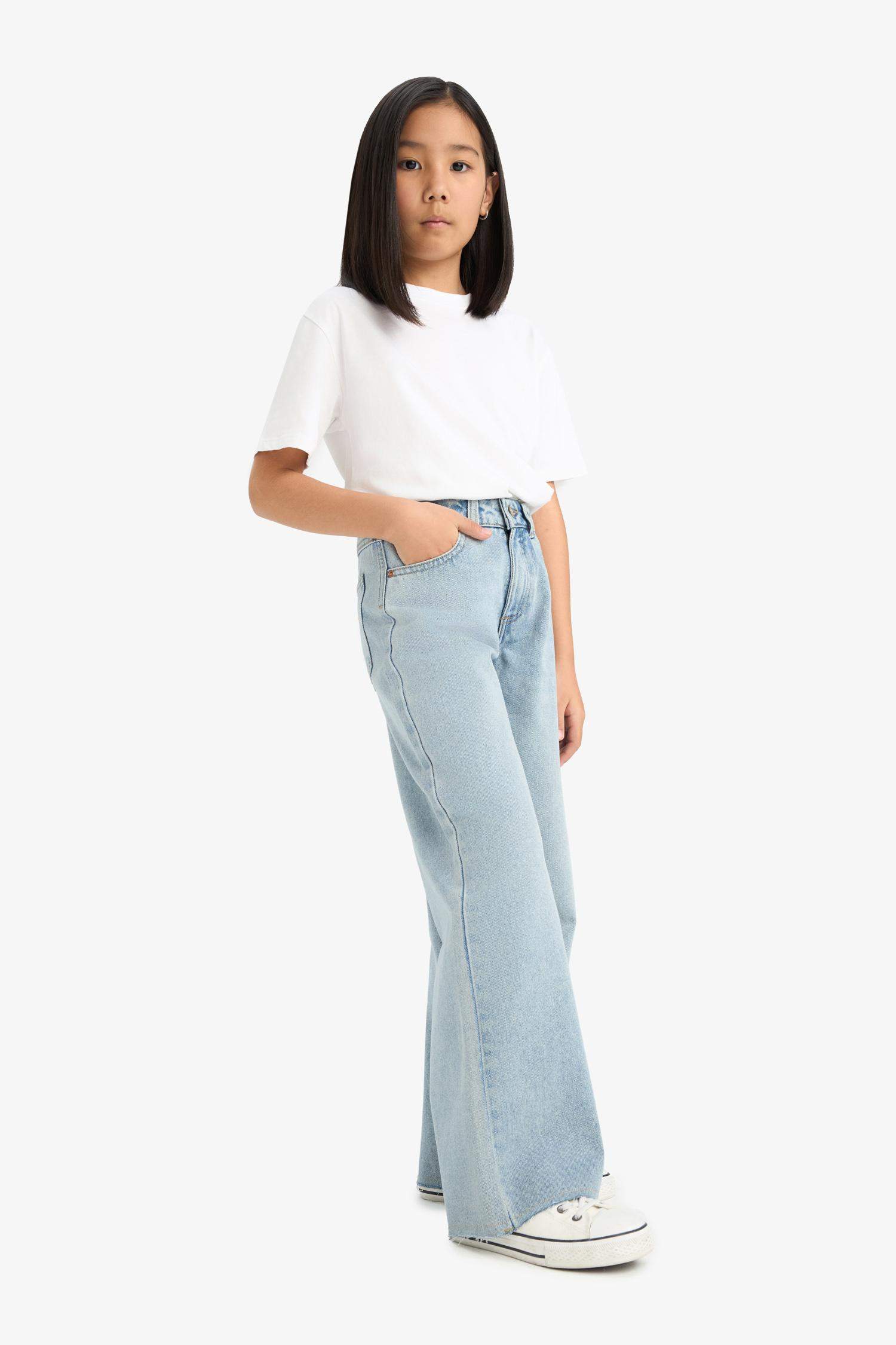 بنطرون جينز بناتي وايد ليج برجل واسع بجيب