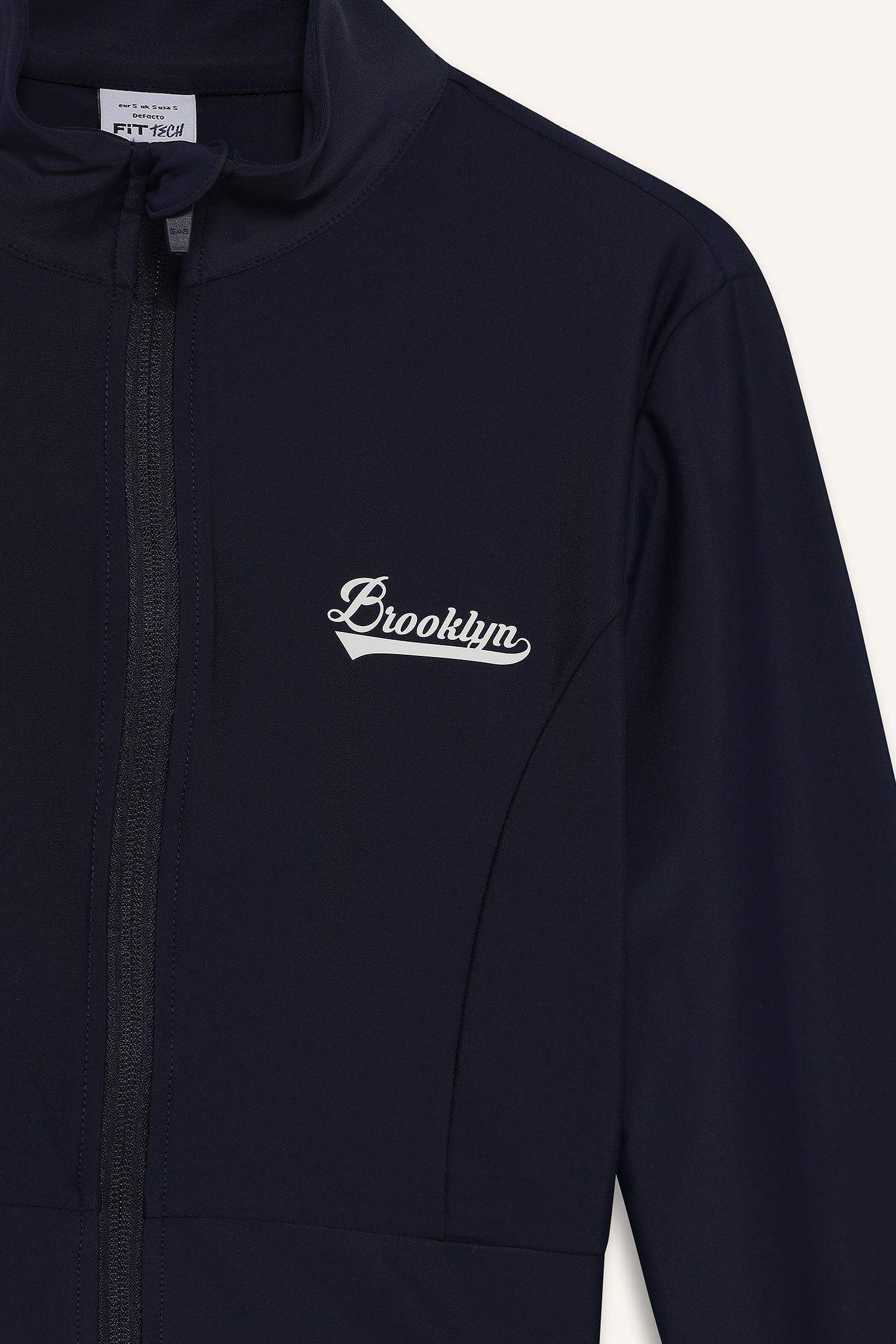 DeFactoFit Slim Fit Dar Kesim Dik Yaka Baskılı Ultra Esnek Fermuarlı Hırka