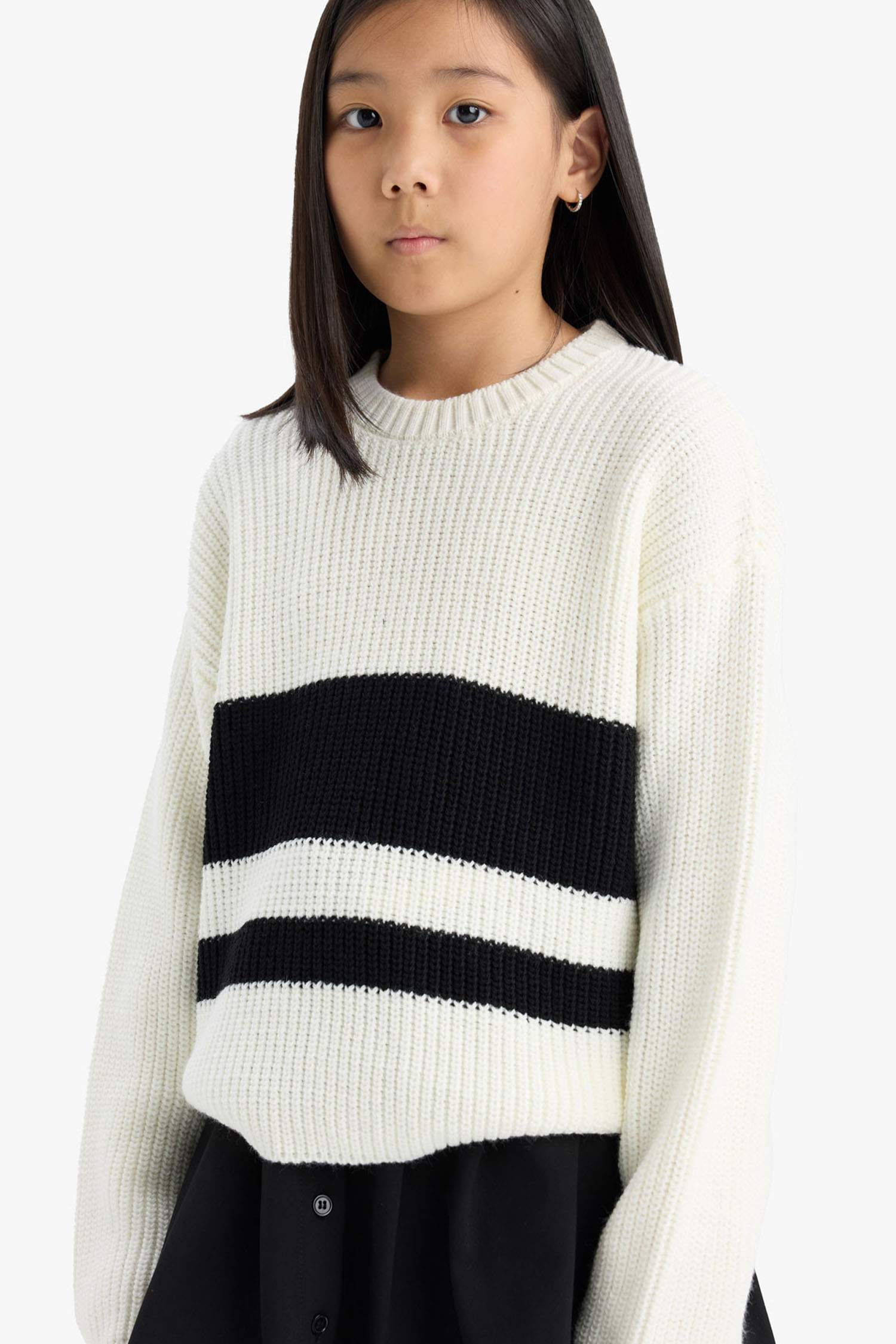 Girl Standard Fit Crew Neck Striped Knit Pullover