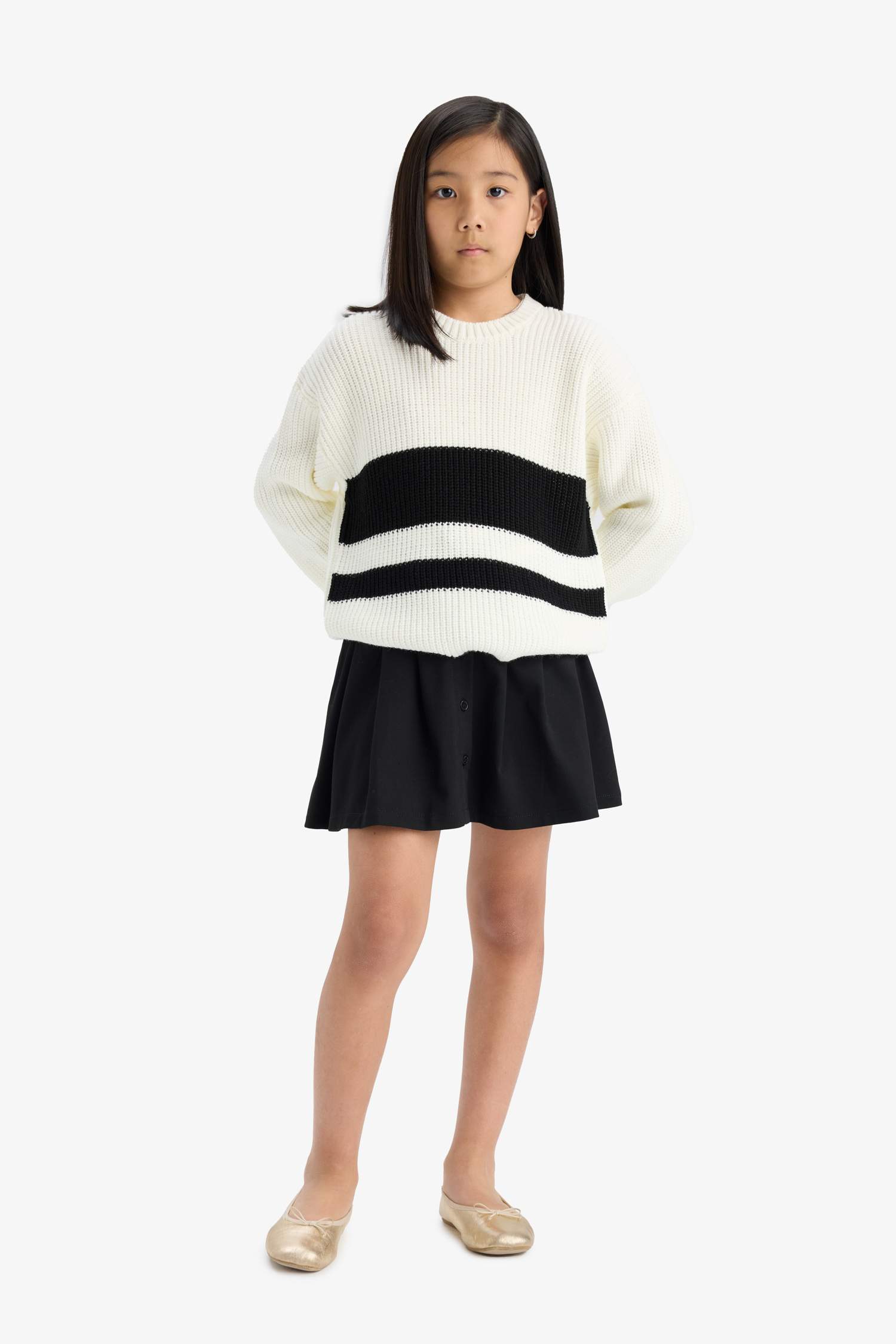 Girl Standard Fit Crew Neck Striped Knit Pullover