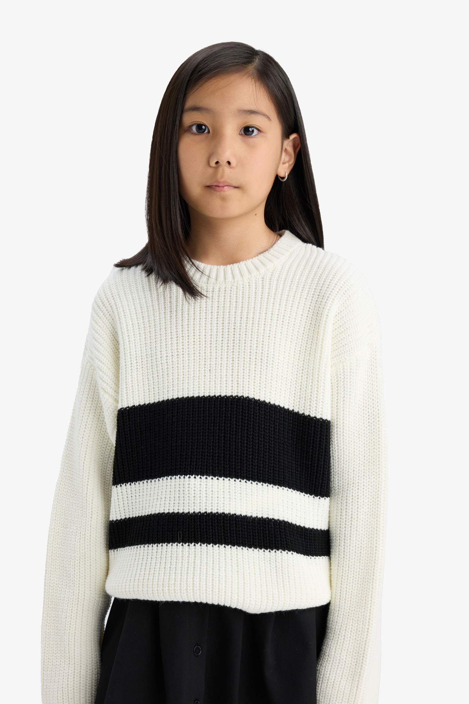 Girl Standard Fit Crew Neck Striped Knit Pullover