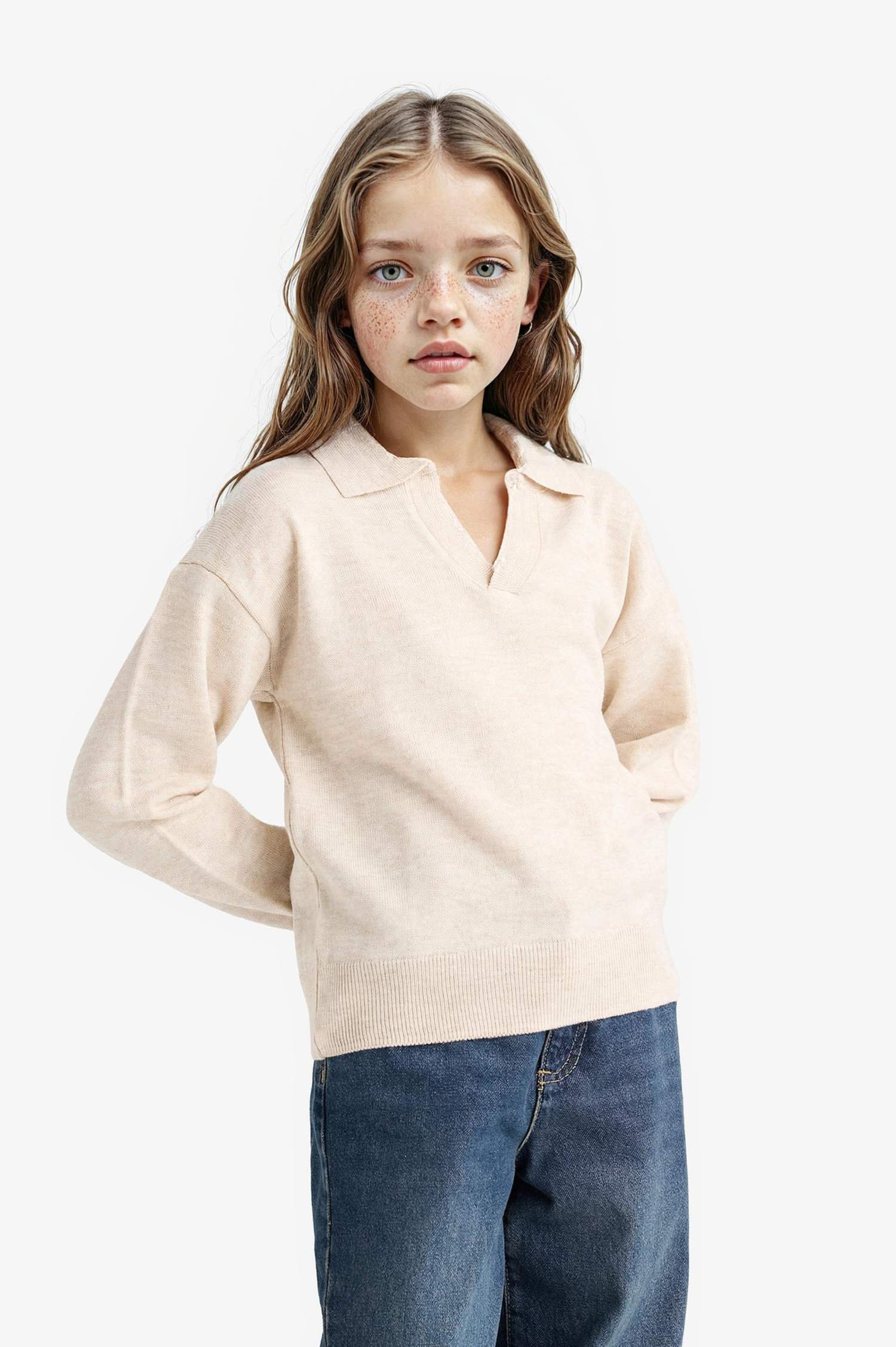 Kız Çocuk Standart Fit Polo Yaka Triko Kazak