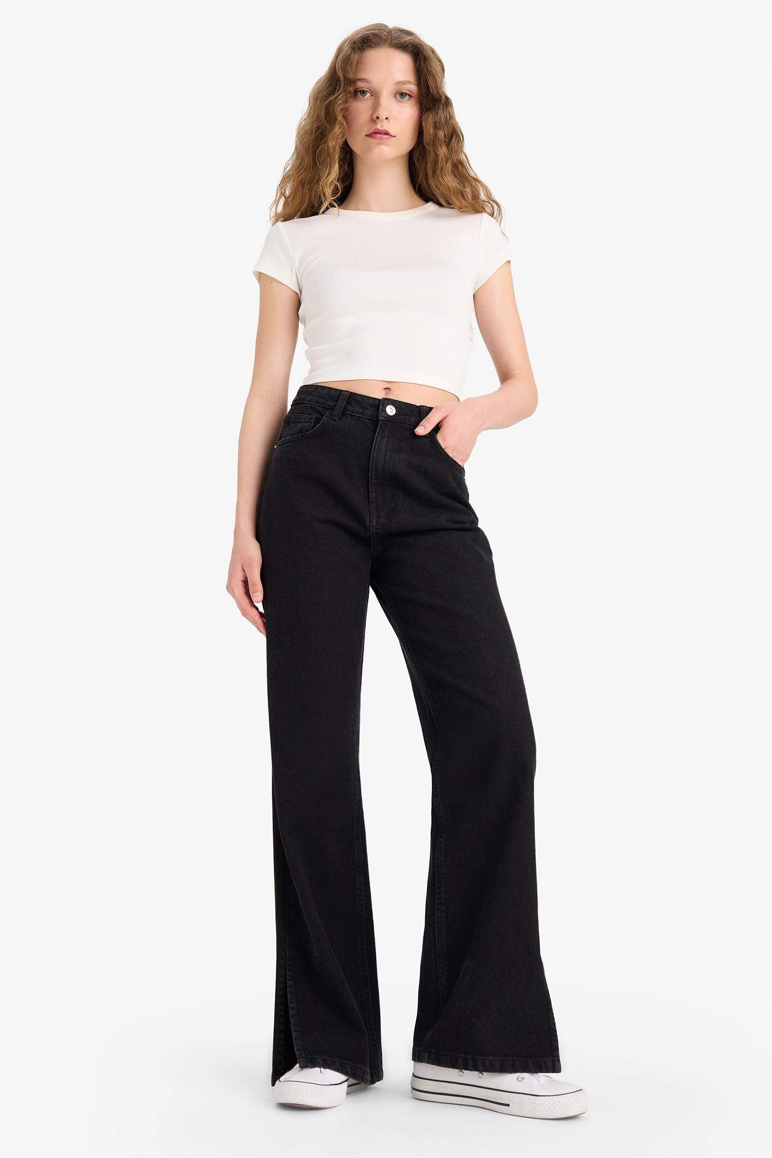 بنطلون جينز قطن وايد ليج برجل واسع وخصر عالي أسود