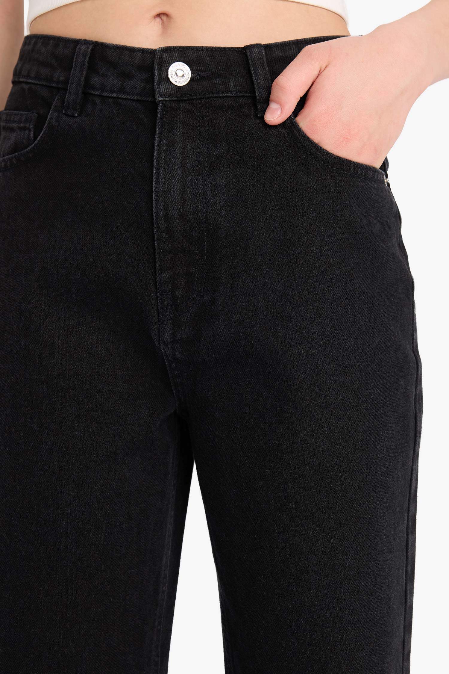 بنطلون جينز قطن وايد ليج برجل واسع وخصر عالي أسود