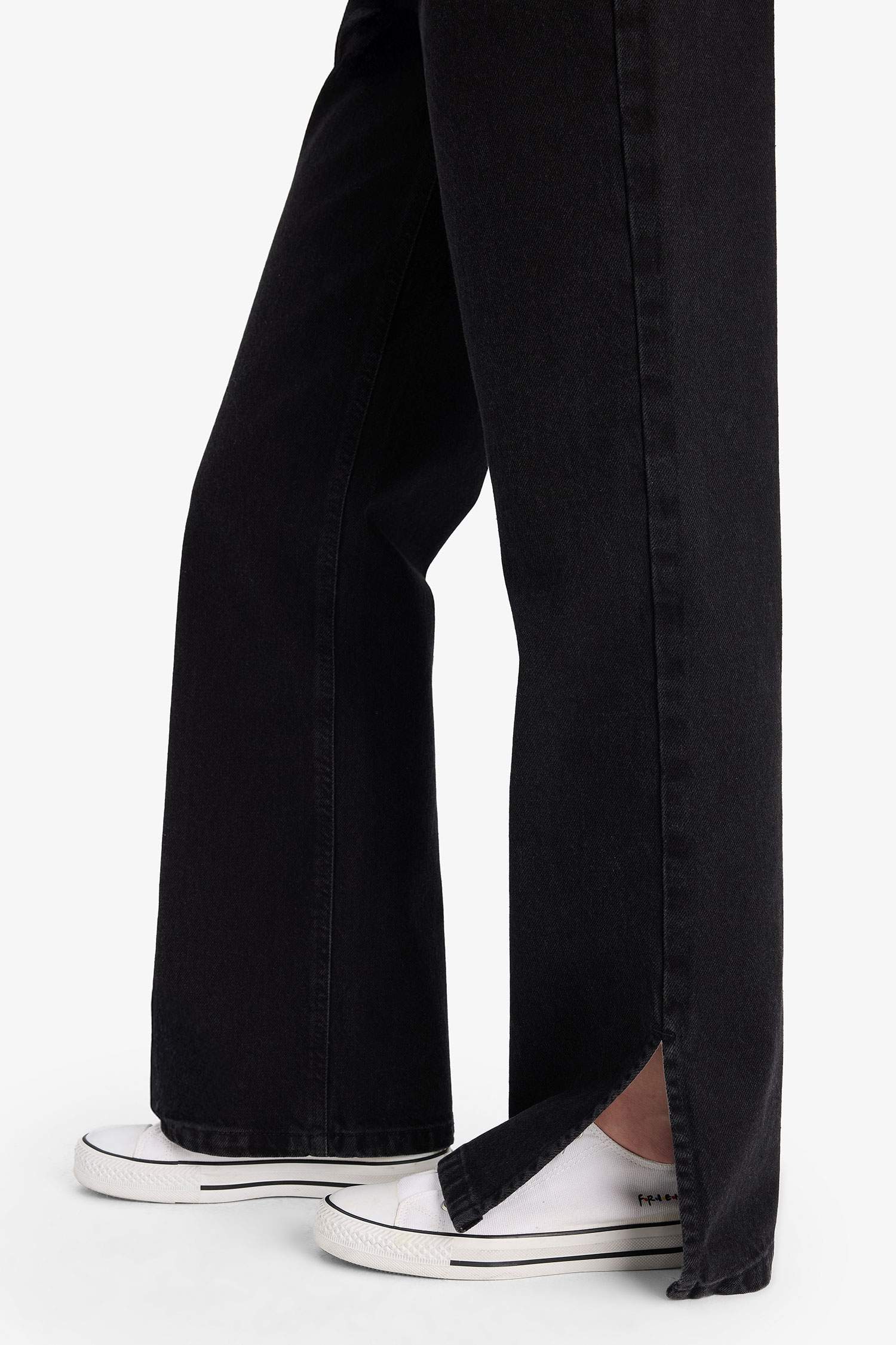 بنطلون جينز قطن وايد ليج برجل واسع وخصر عالي أسود