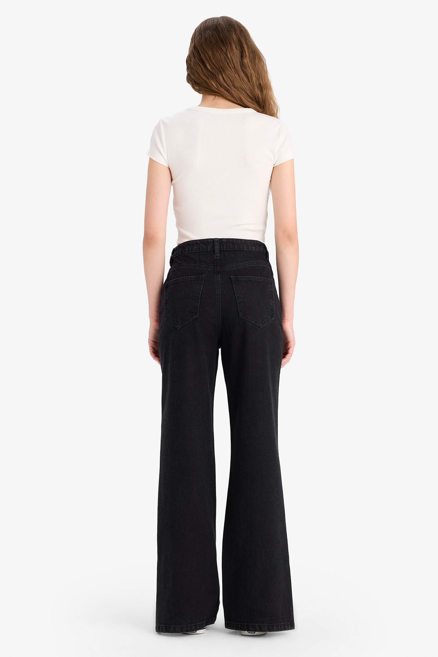 بنطلون جينز قطن وايد ليج برجل واسع وخصر عالي أسود