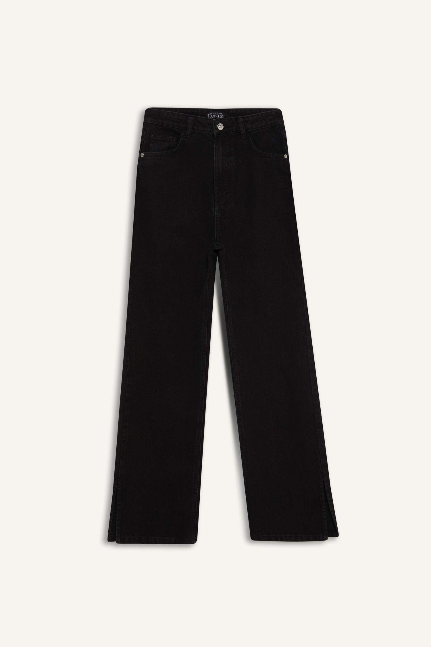 بنطلون جينز قطن وايد ليج برجل واسع وخصر عالي أسود