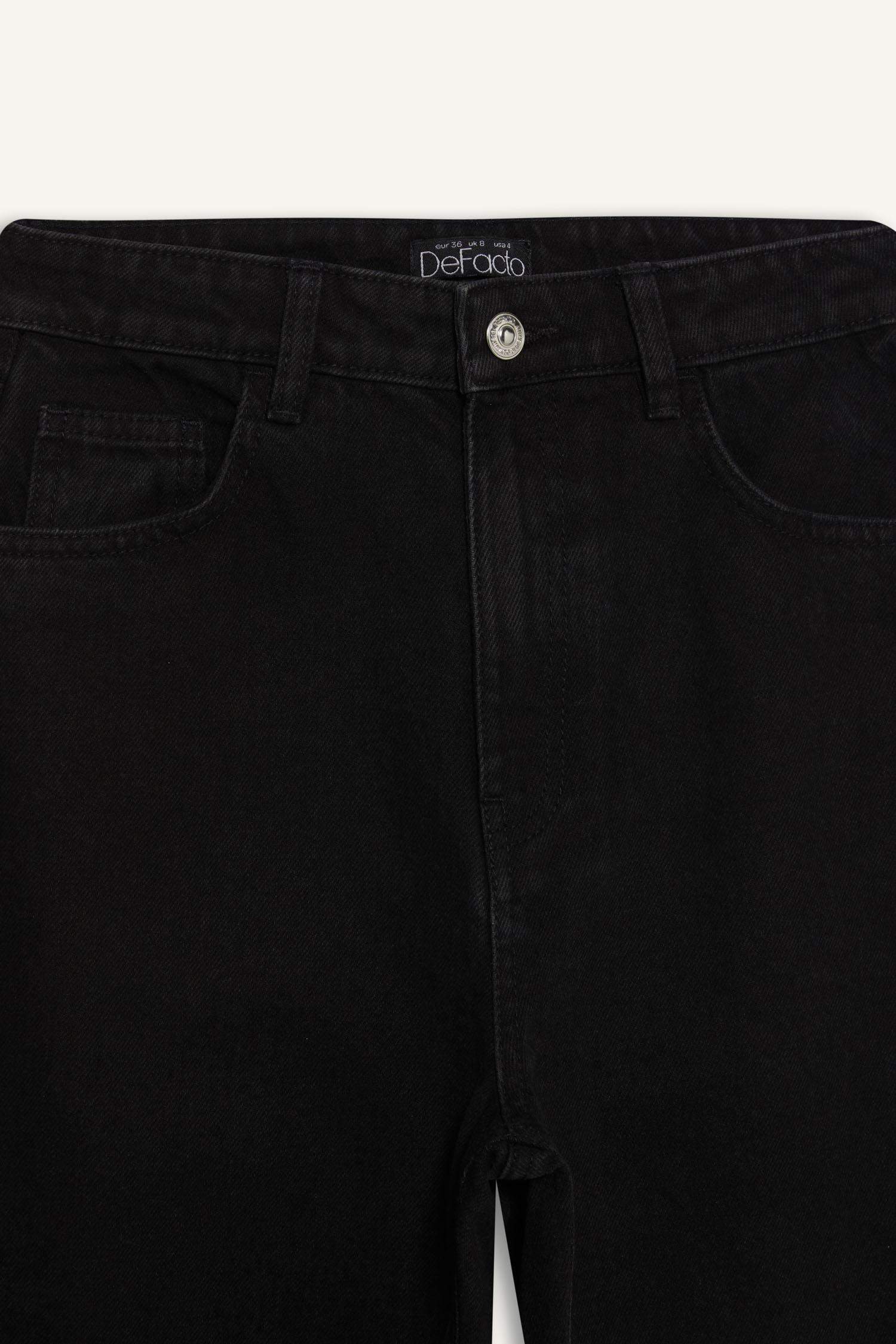 بنطلون جينز قطن وايد ليج برجل واسع وخصر عالي أسود