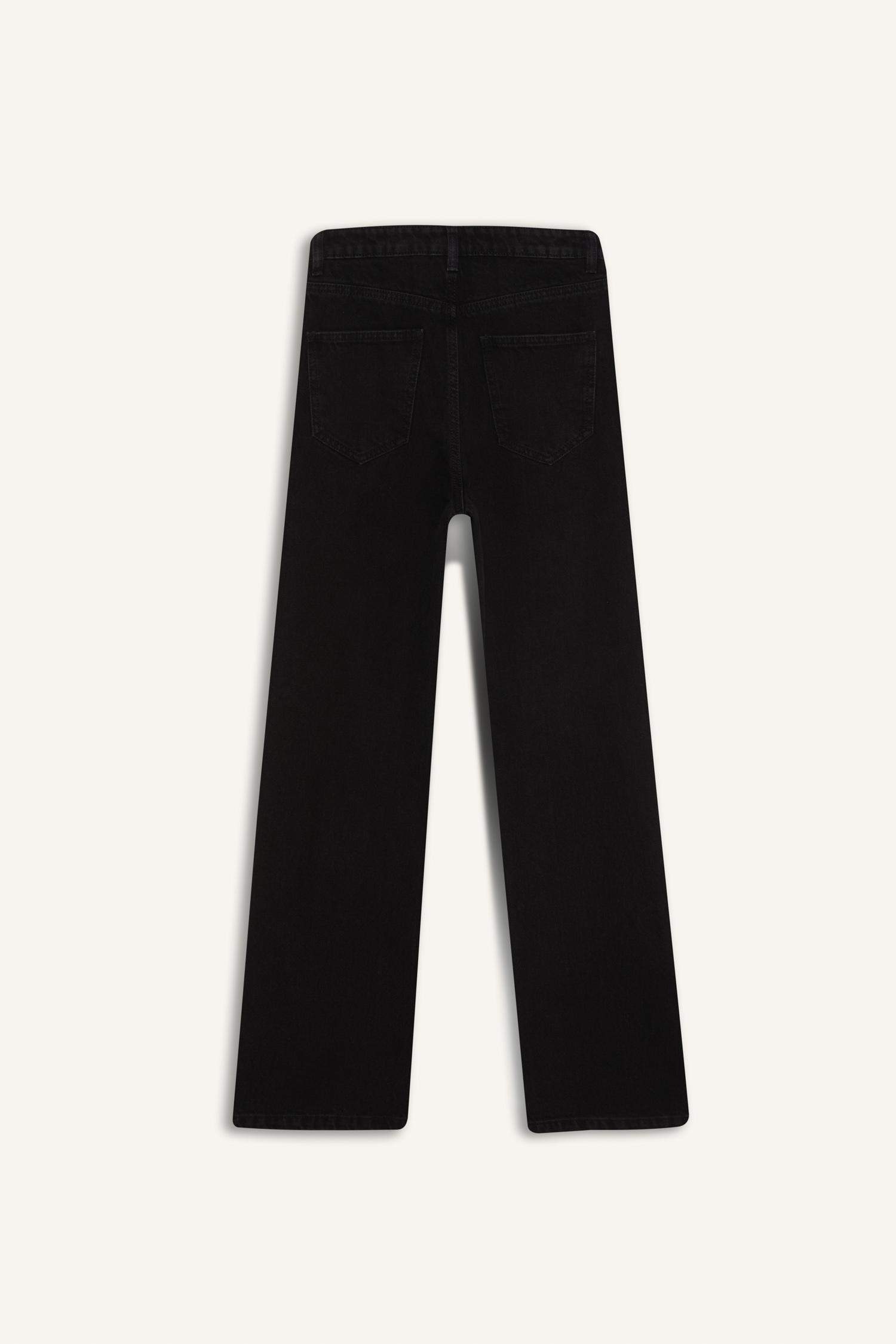 بنطلون جينز قطن وايد ليج برجل واسع وخصر عالي أسود