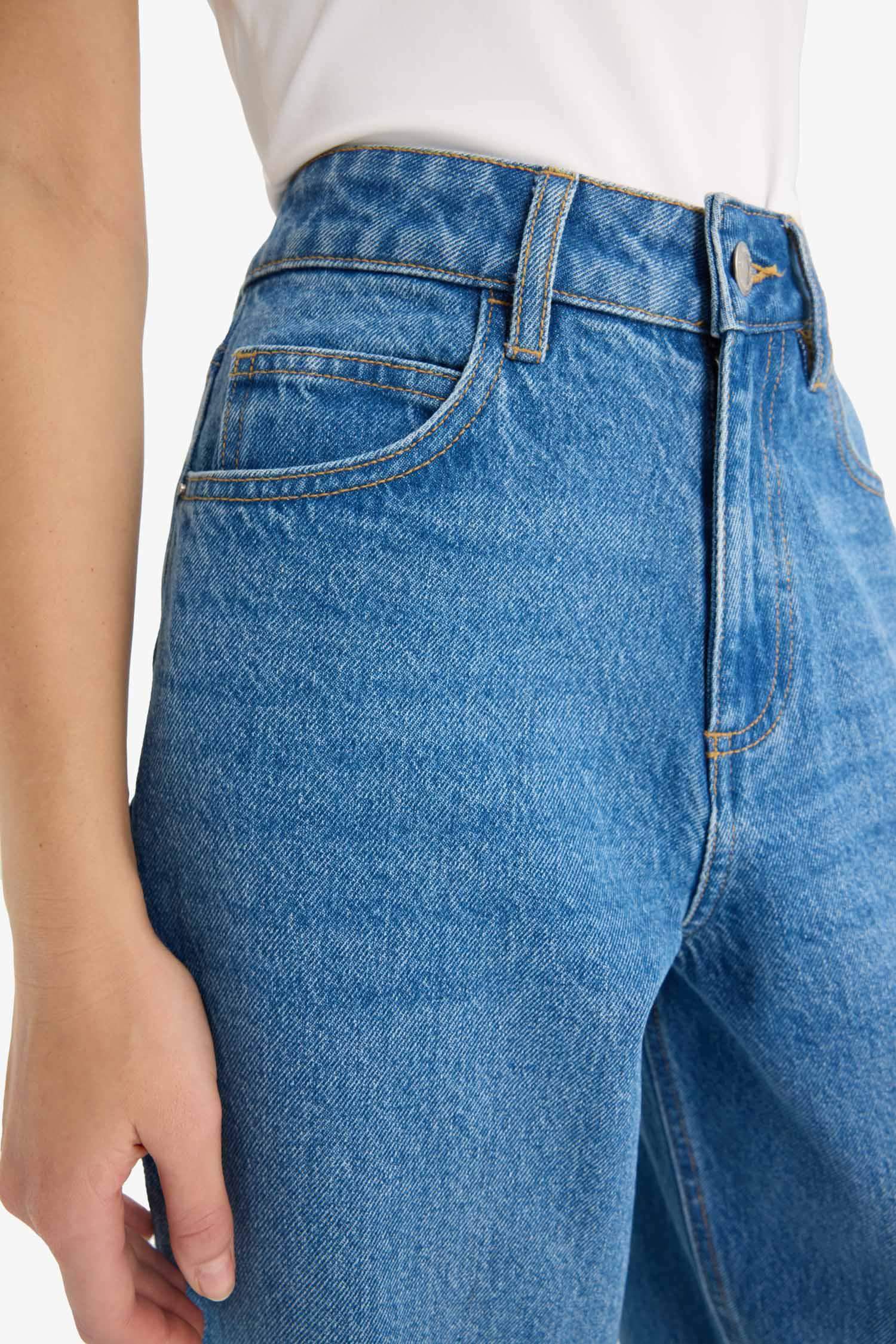 Relax Fit Yüksek Bel Düz Paça Uzun Jean Kar Yıkamalı Pantolon