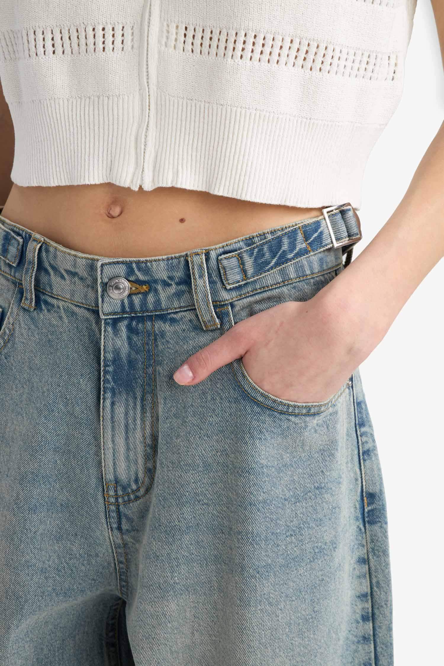 Carpenter Fit Yüksek Bel Uzun Paça Uzun Jean Görünümlü Kar Yıkamalı Pantolon