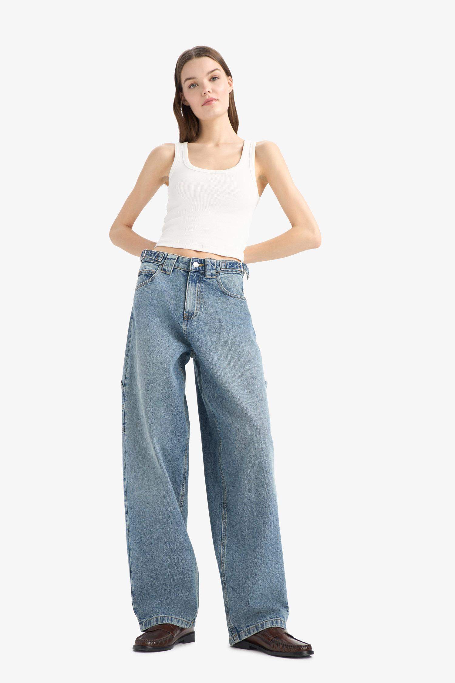 Carpenter Fit Yüksek Bel Uzun Paça Uzun Jean Kar Yıkamalı Pantolon