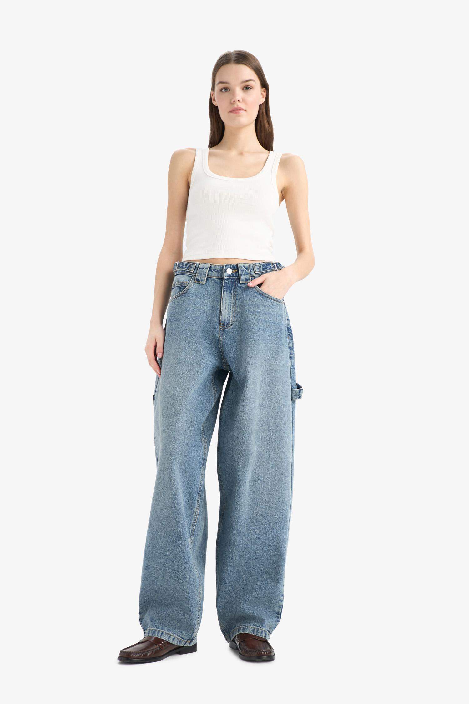 Carpenter Fit Yüksek Bel Uzun Paça Uzun Jean Kar Yıkamalı Pantolon