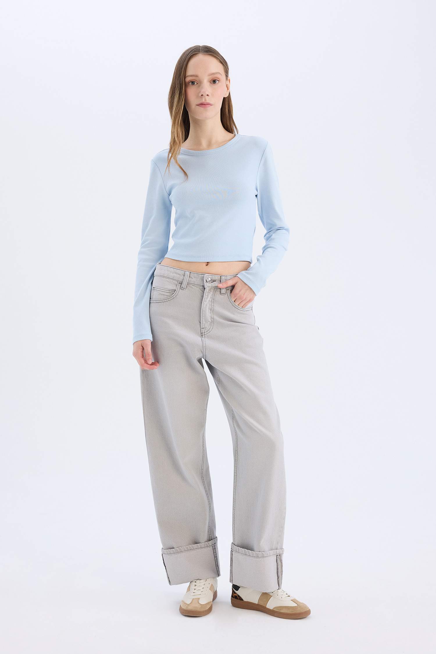 Fitted Basic Düz Ribana Uzun Kollu Tişört