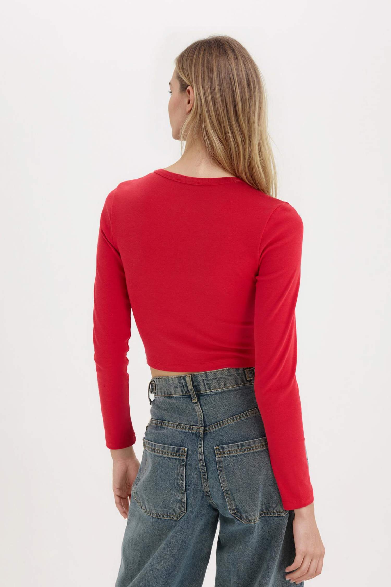 Fitted Basic Ribbed Long Sleeve Red T-Shirt