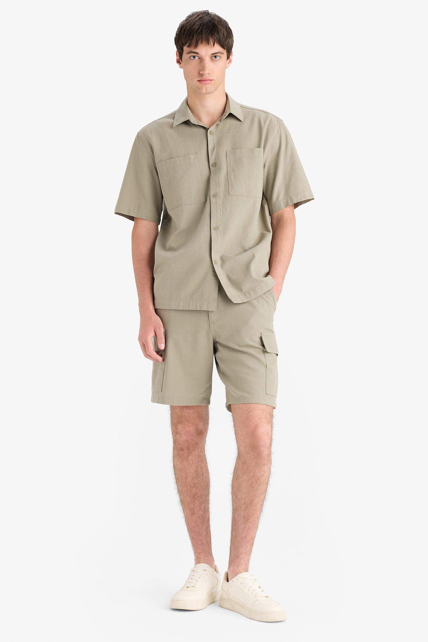 Regular Cotton Linen Look Cargo Bermuda Shorts