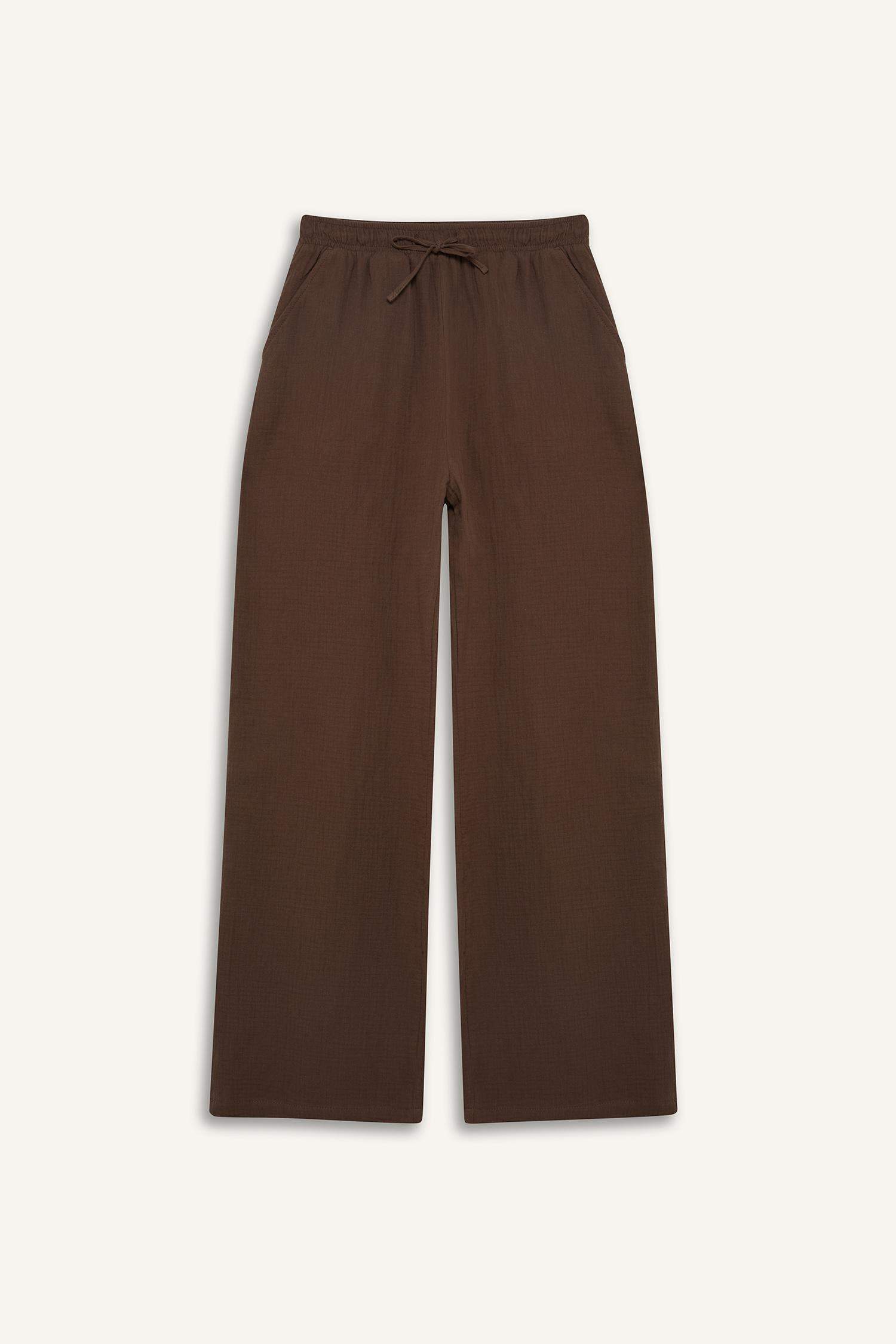 Брюки с широкими ногами, двойными карманами и эластичной талией из крючкового материала