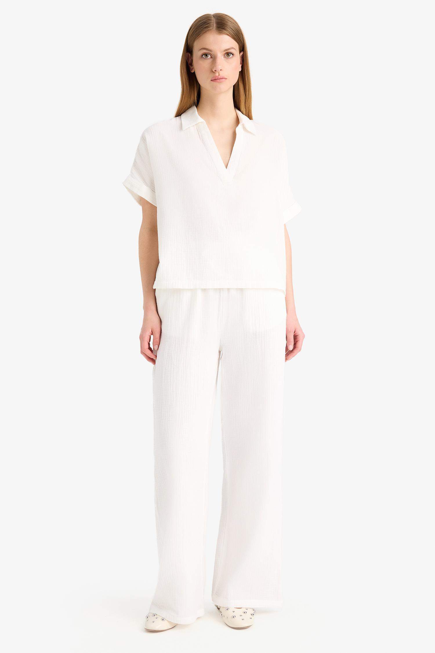 Wide Leg Elastic Waist Midi Crinkle Fabric Trousers