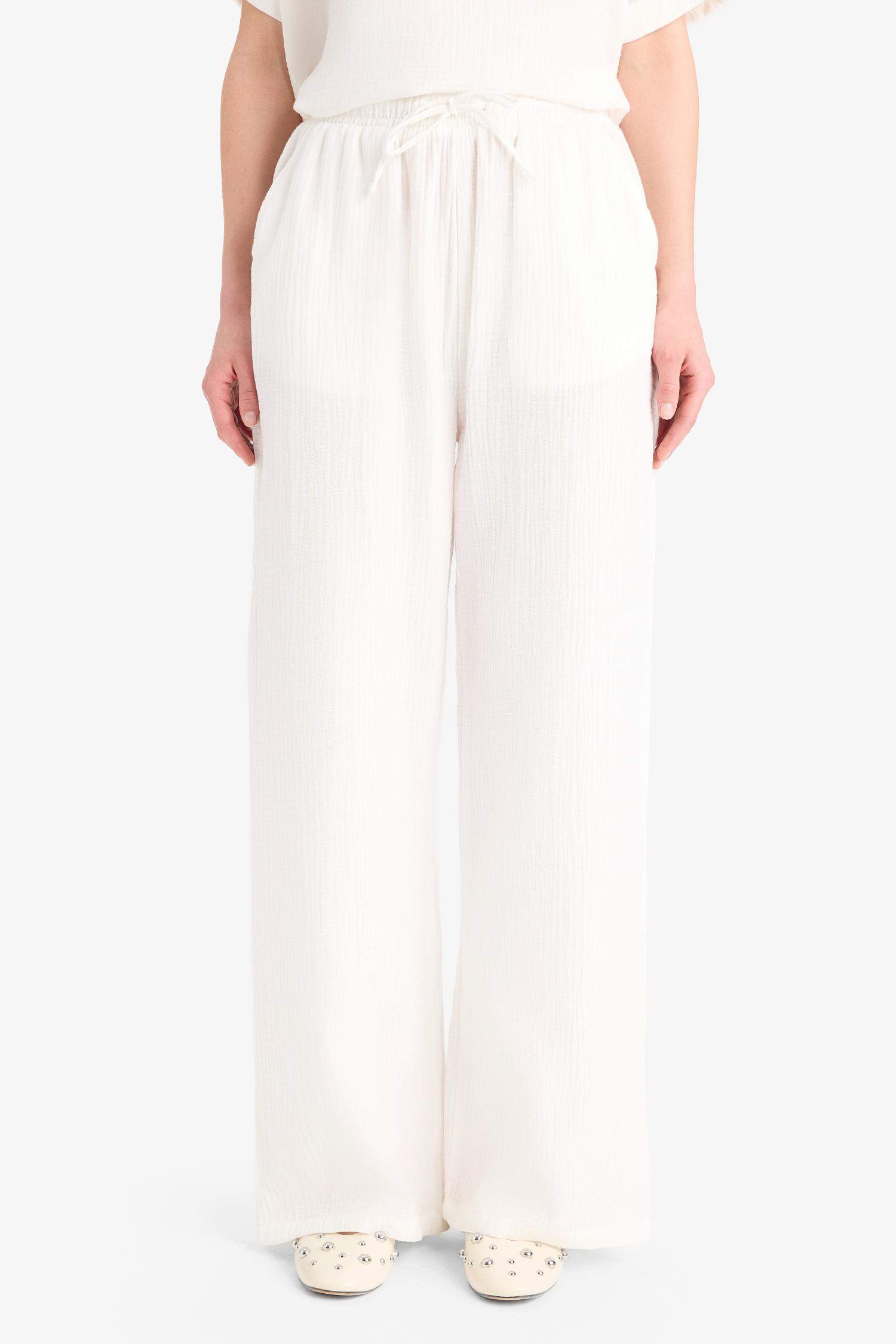 Wide Leg Elastic Waist Midi Crinkle Fabric Trousers