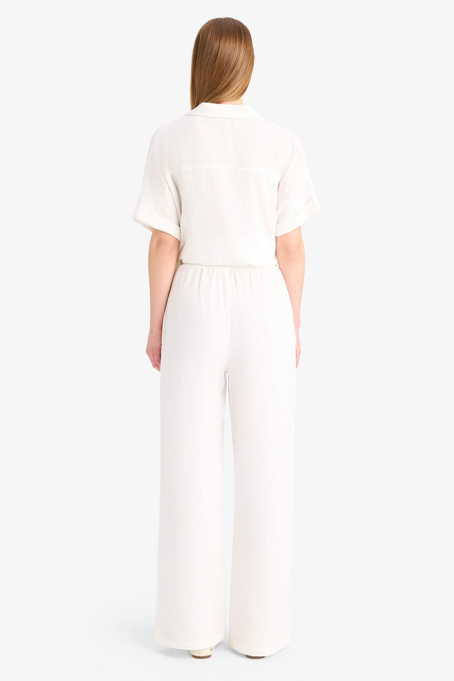 Wide Leg Elastic Waist Midi Crinkle Fabric Trousers