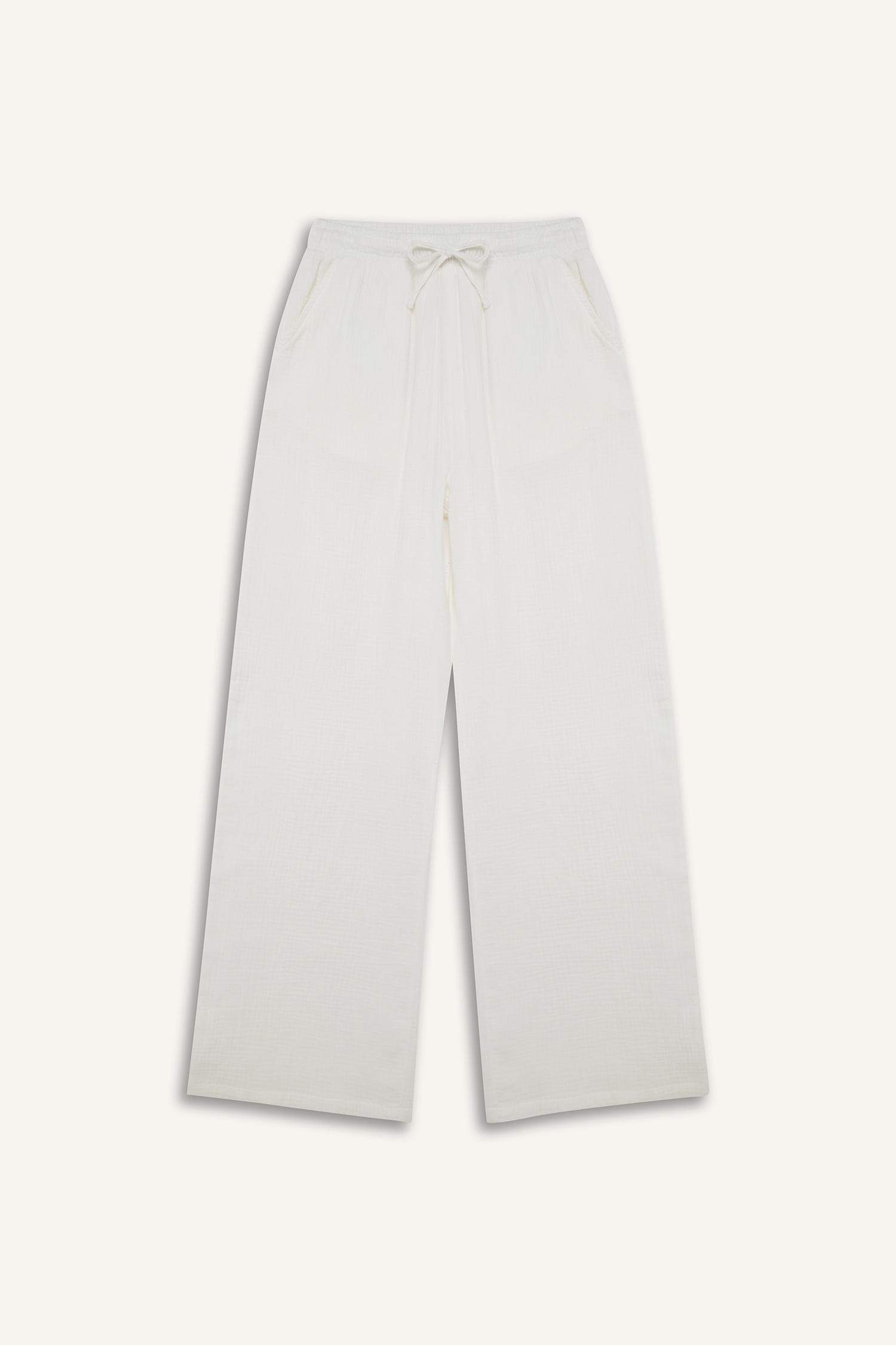 Wide Leg Elastic Waist Midi Crinkle Fabric Trousers