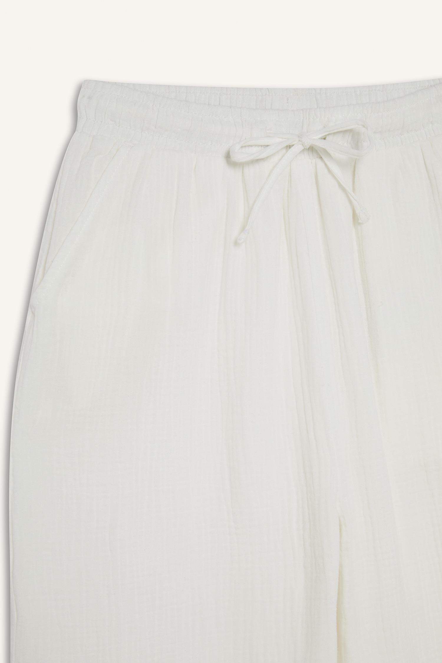 Wide Leg Elastic Waist Midi Crinkle Fabric Trousers