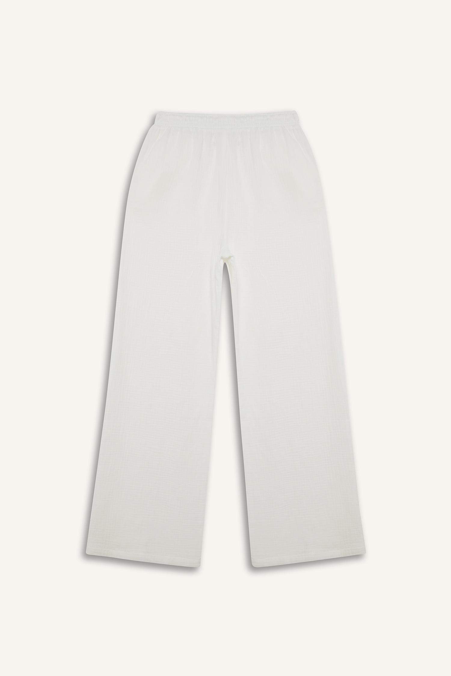 Wide Leg Elastic Waist Midi Crinkle Fabric Trousers