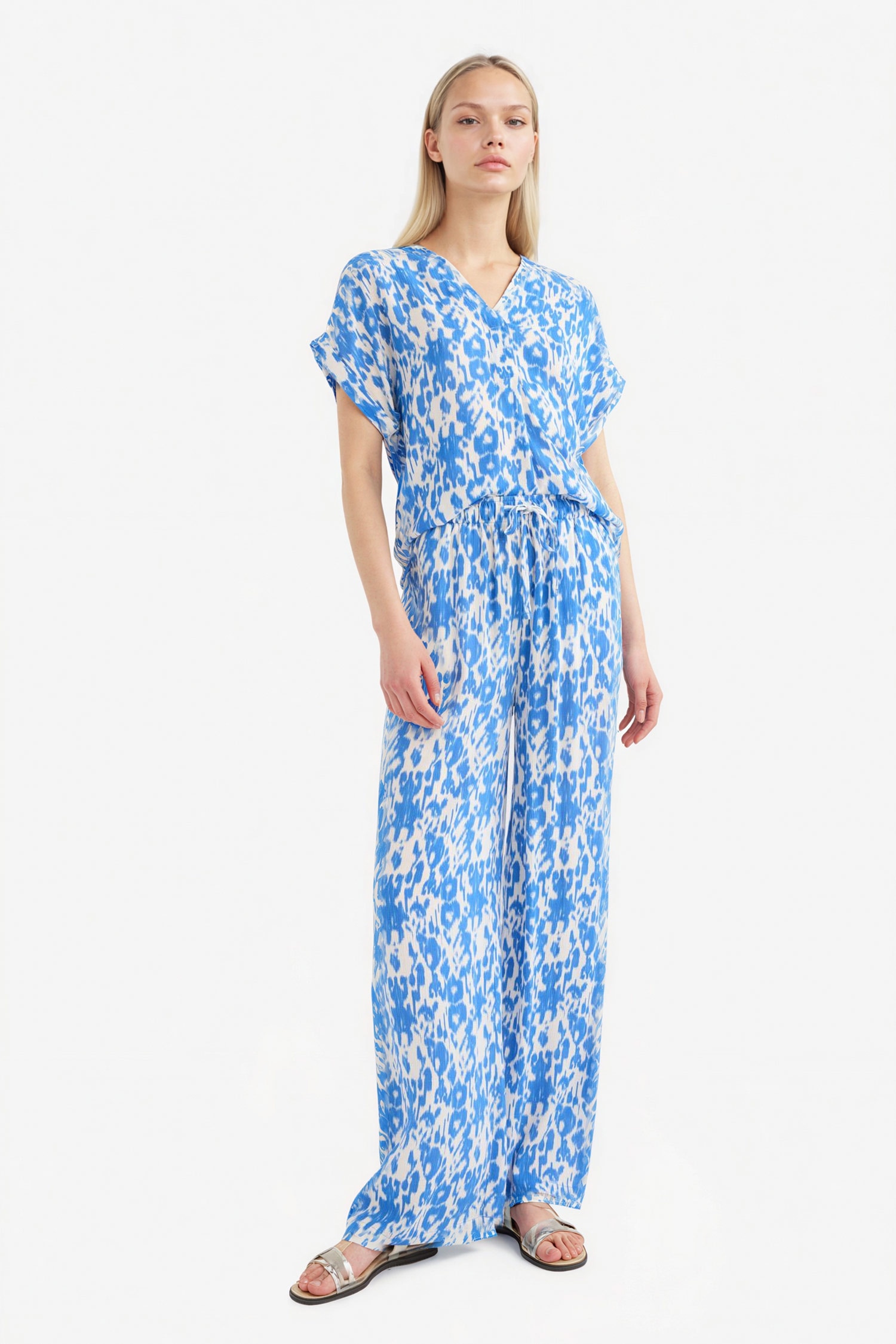 DeFacto Straight Fit Beli Lastikli Midi Krinkıl Kumaş Desenli Pantolon