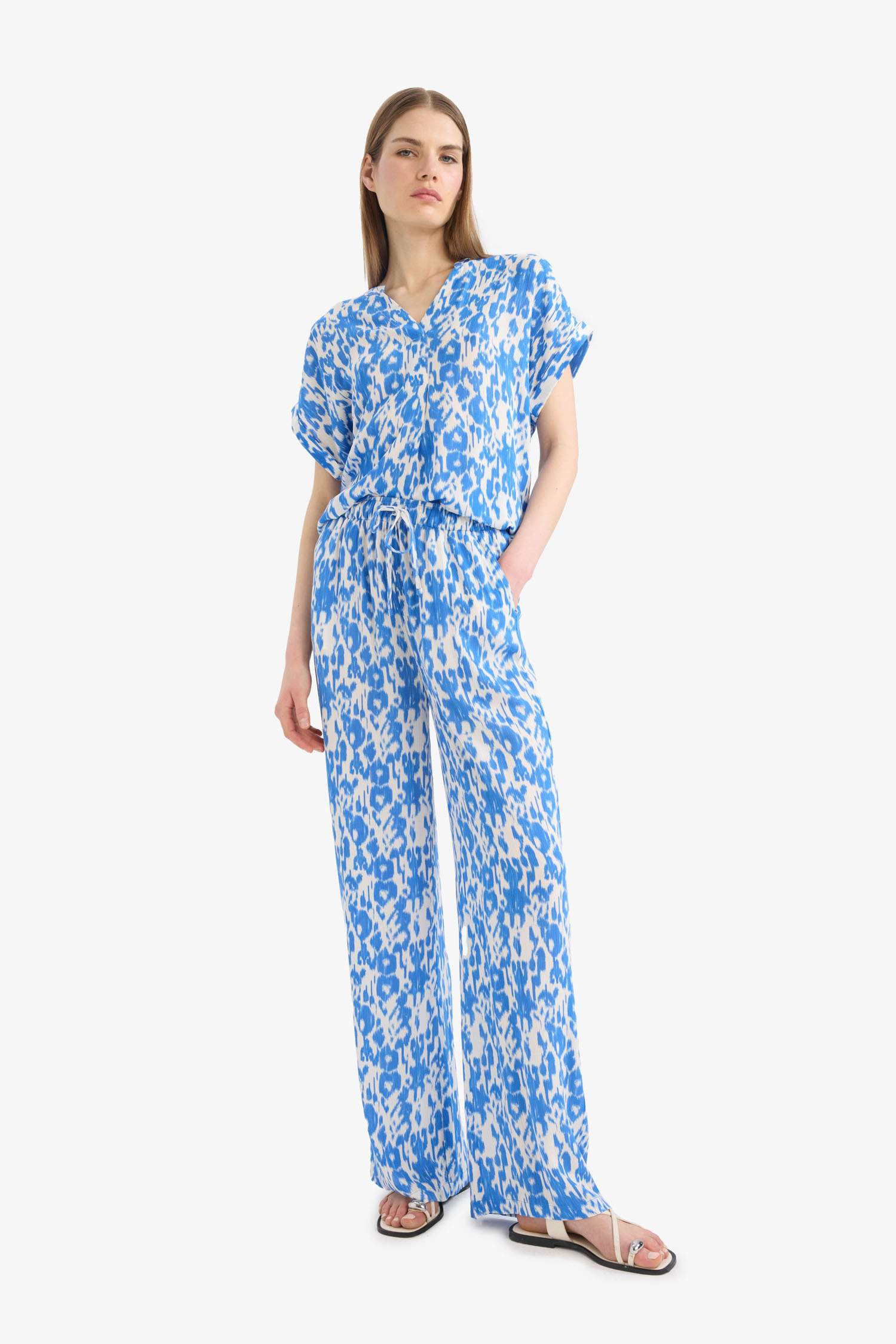 Straight Fit Beli Lastikli Midi Krinkıl Kumaş Desenli Pantolon