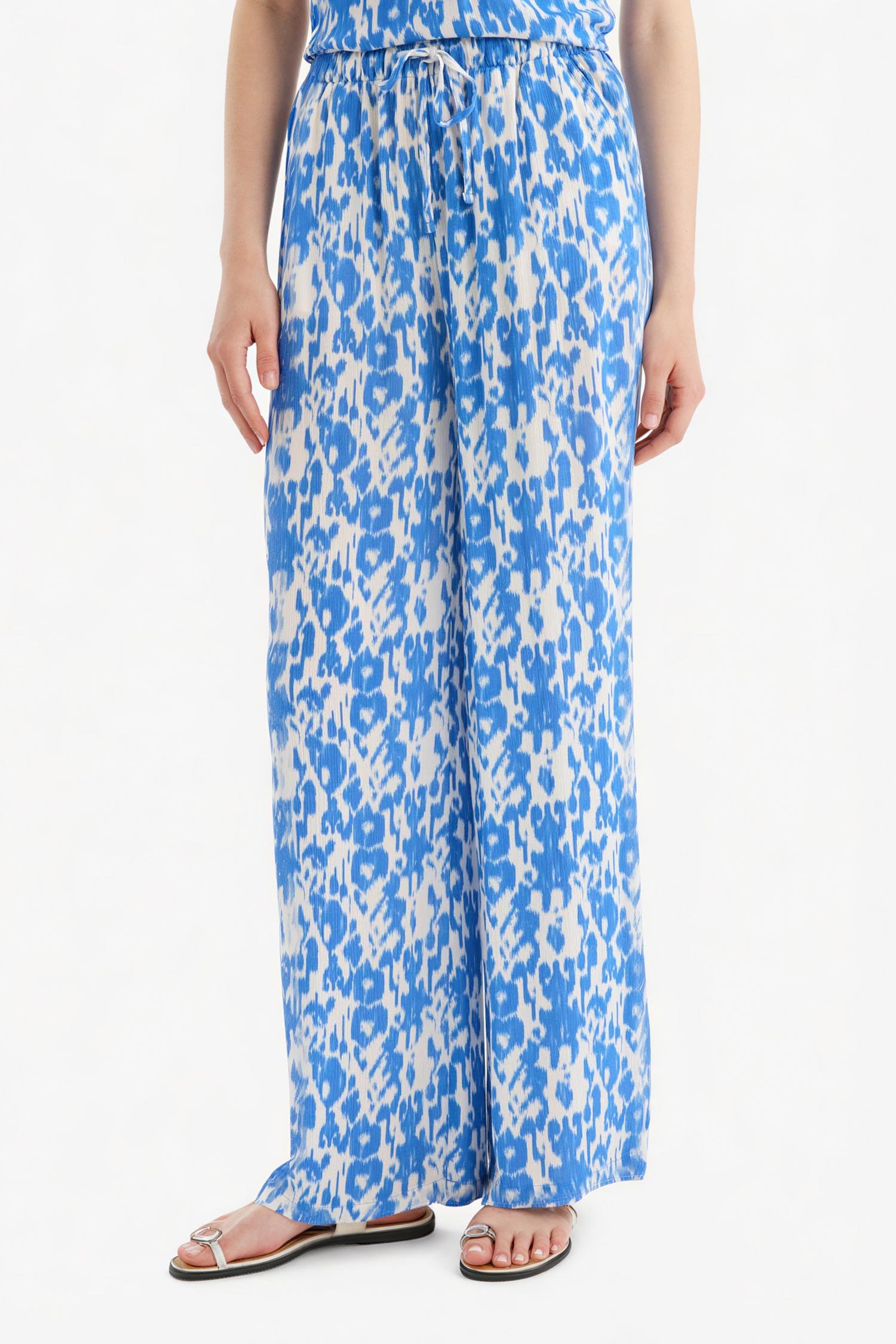 DeFacto Straight Fit Beli Lastikli Midi Krinkıl Kumaş Desenli Pantolon görsel 3