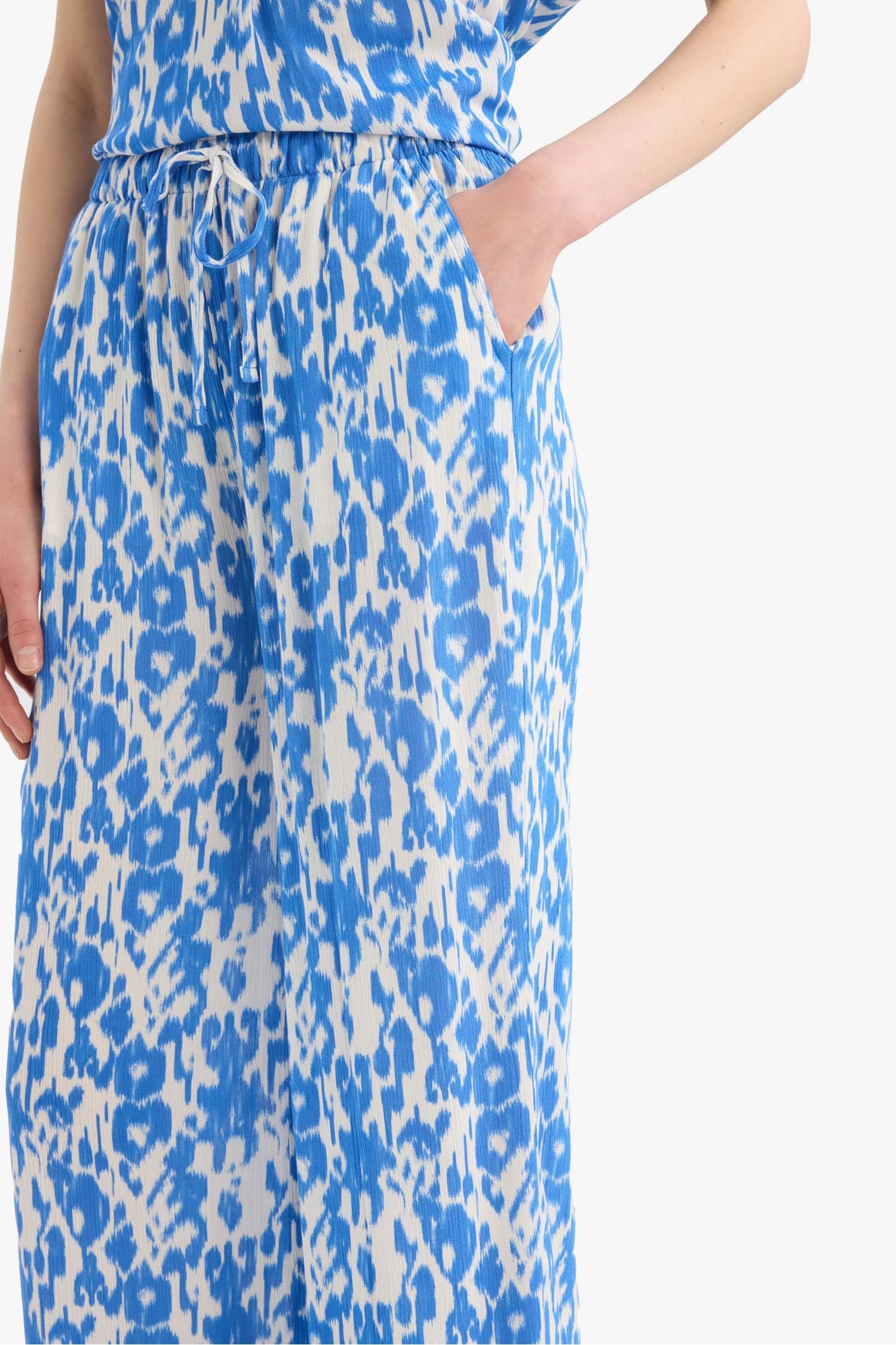 Straight Fit Beli Lastikli Midi Krinkıl Kumaş Desenli Pantolon