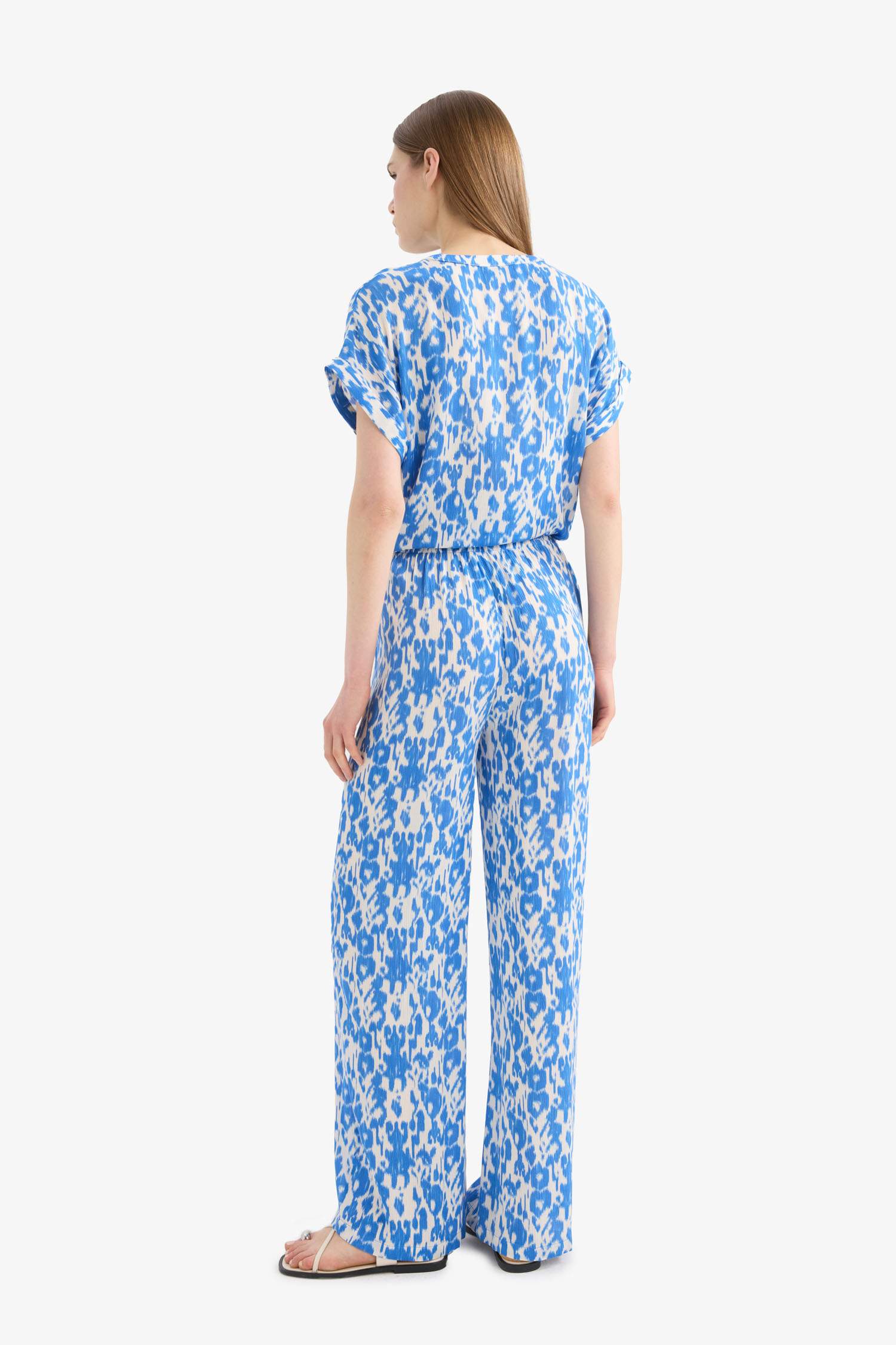 Straight Fit Beli Lastikli Midi Krinkıl Kumaş Desenli Pantolon