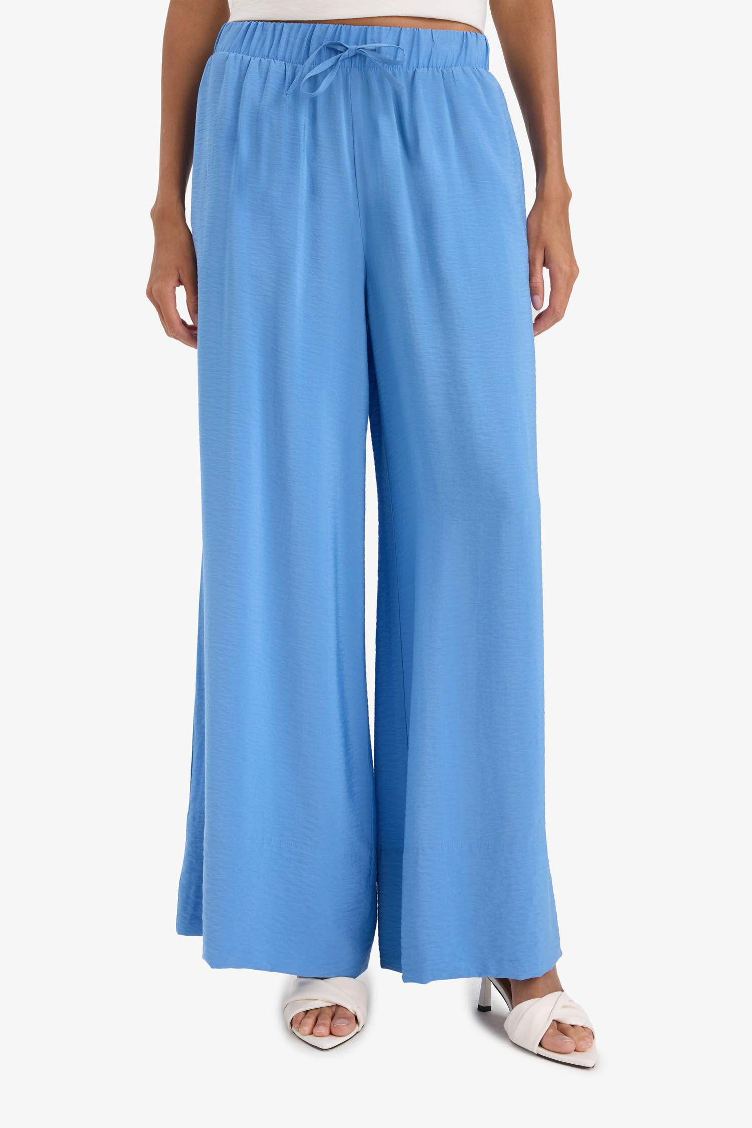 Wide Leg Elastic Waist Straight Leg Midi Trousers