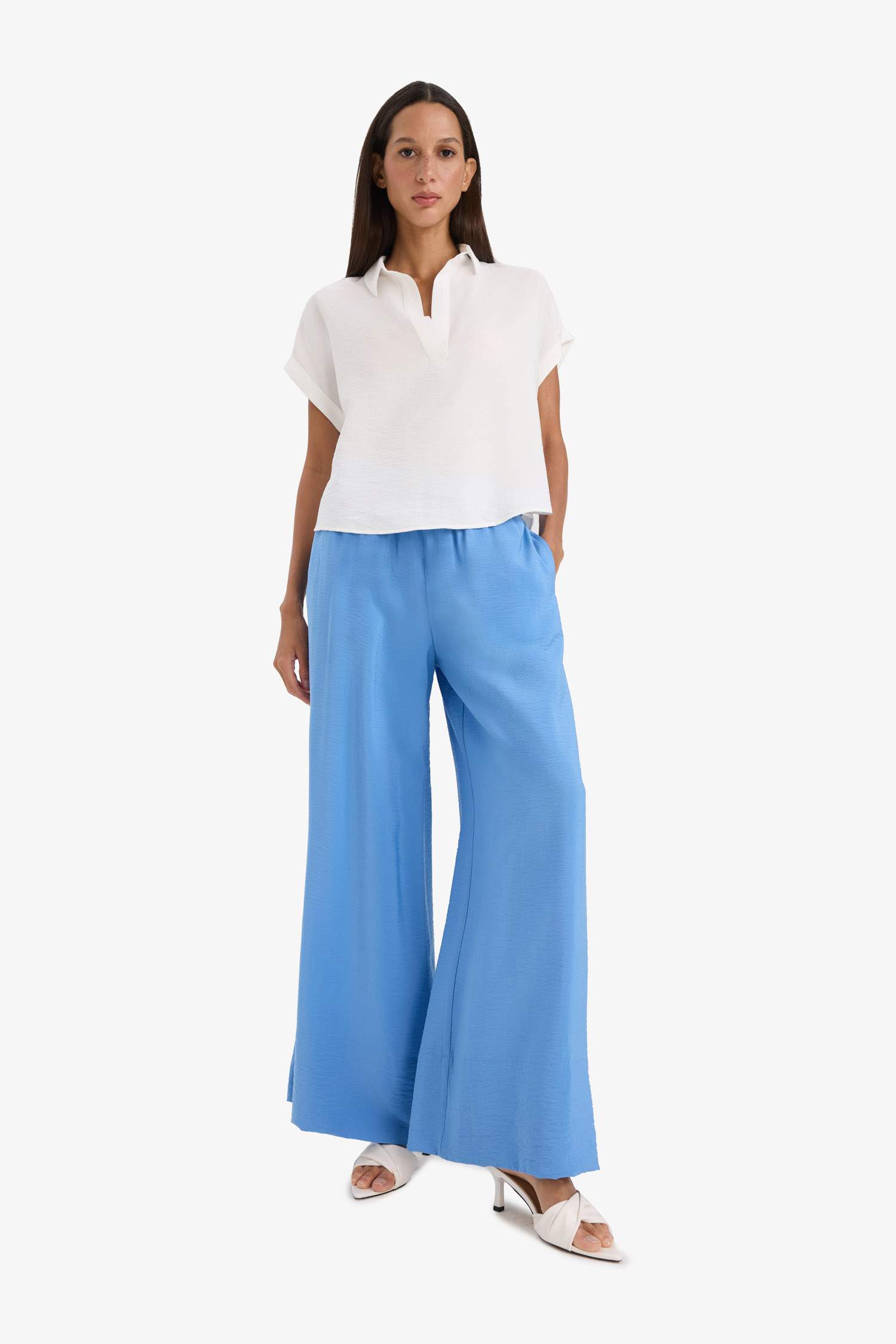 Wide Leg Elastic Waist Straight Leg Midi Trousers